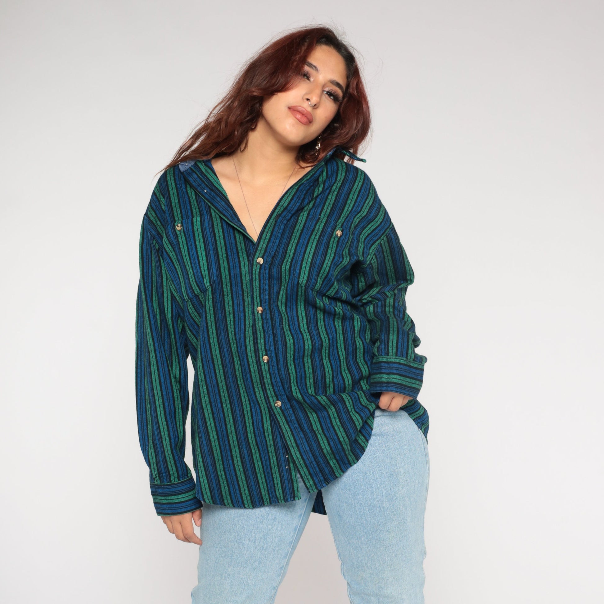 90s Woven Striped Button-Up Shirt Blue Green Long Sleeve Collared Extra Large