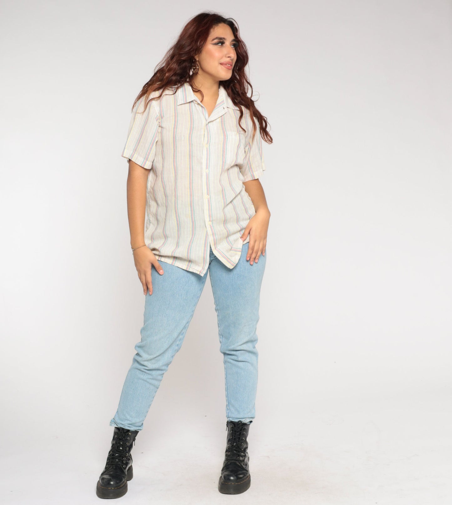 80s Striped Button-Up Shirt White Cotton Short Sleeve Collared Top Large