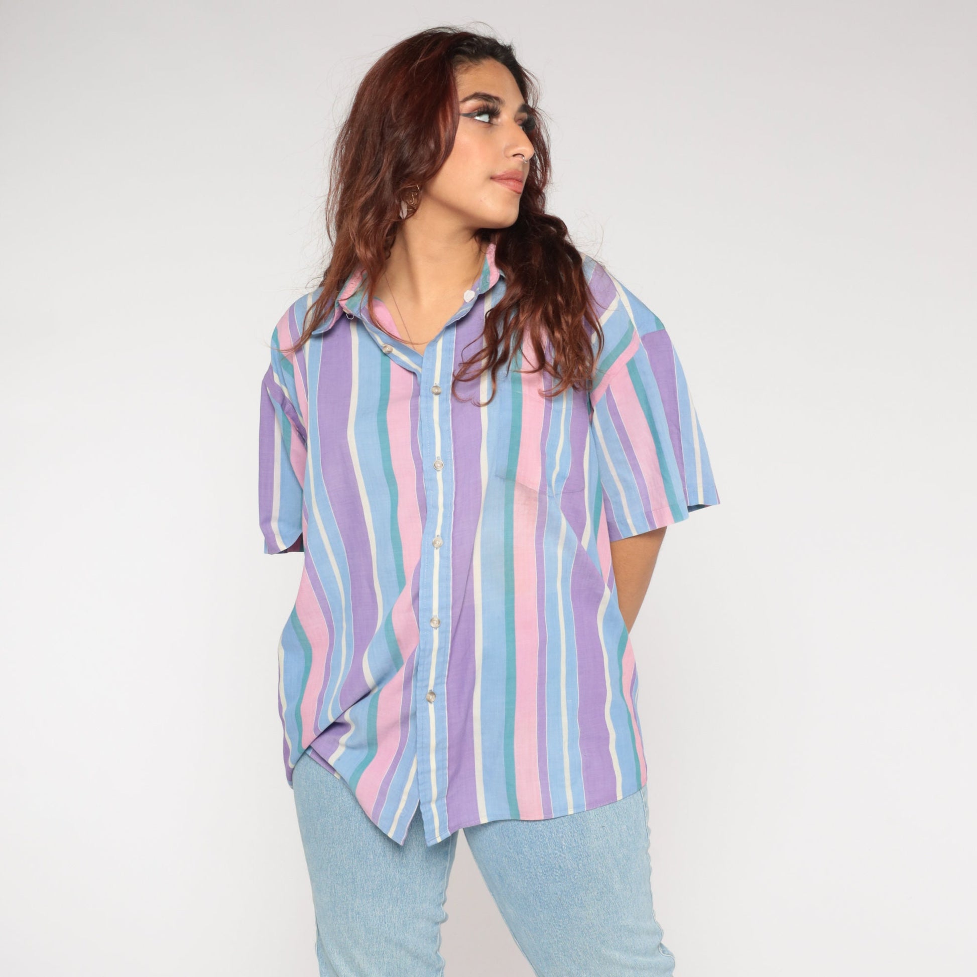 90s Striped Button-Up Shirt Pink Purple Green Short Sleeve Collar XXL