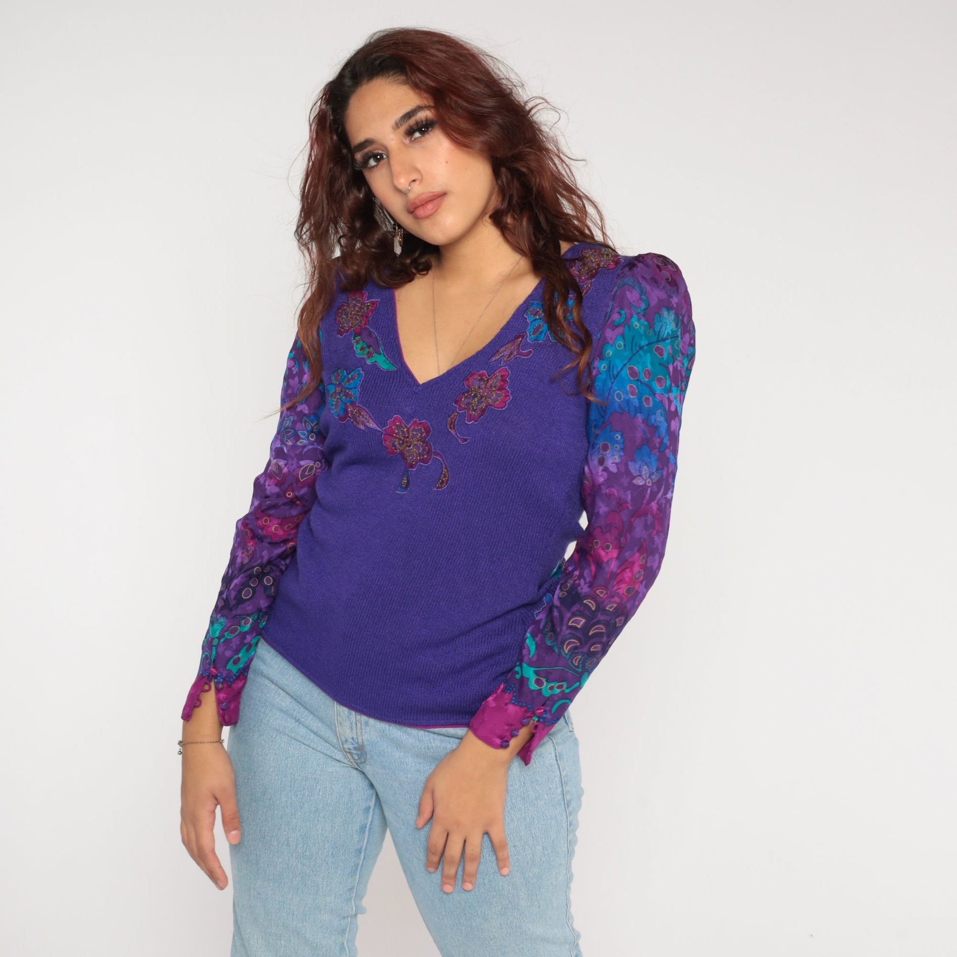 80s Purple Floral Knit Sweater Puff Sleeve V-Neck Appliqué Blouse Small S