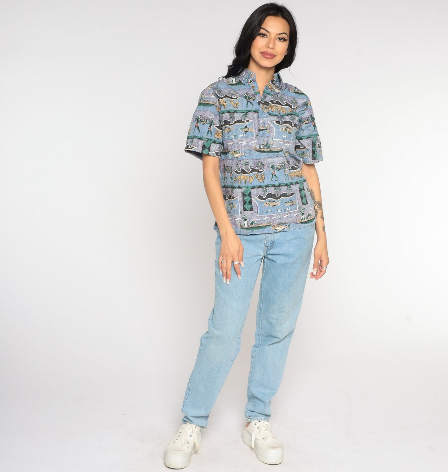 Y2K Tropical Fishing Island Print Button-Up Shirt Purple Blue Cotton Extra Small