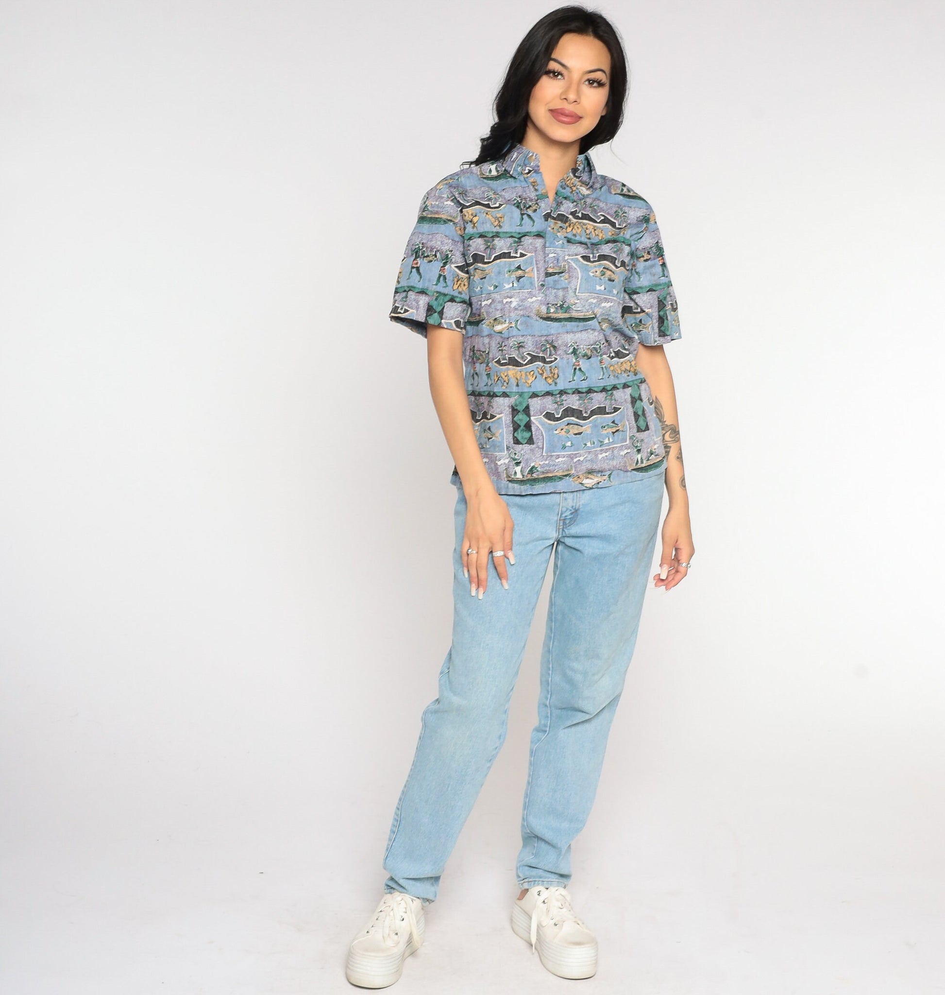 Y2K Tropical Fishing Island Print Button-Up Shirt Purple Blue Cotton Extra Small
