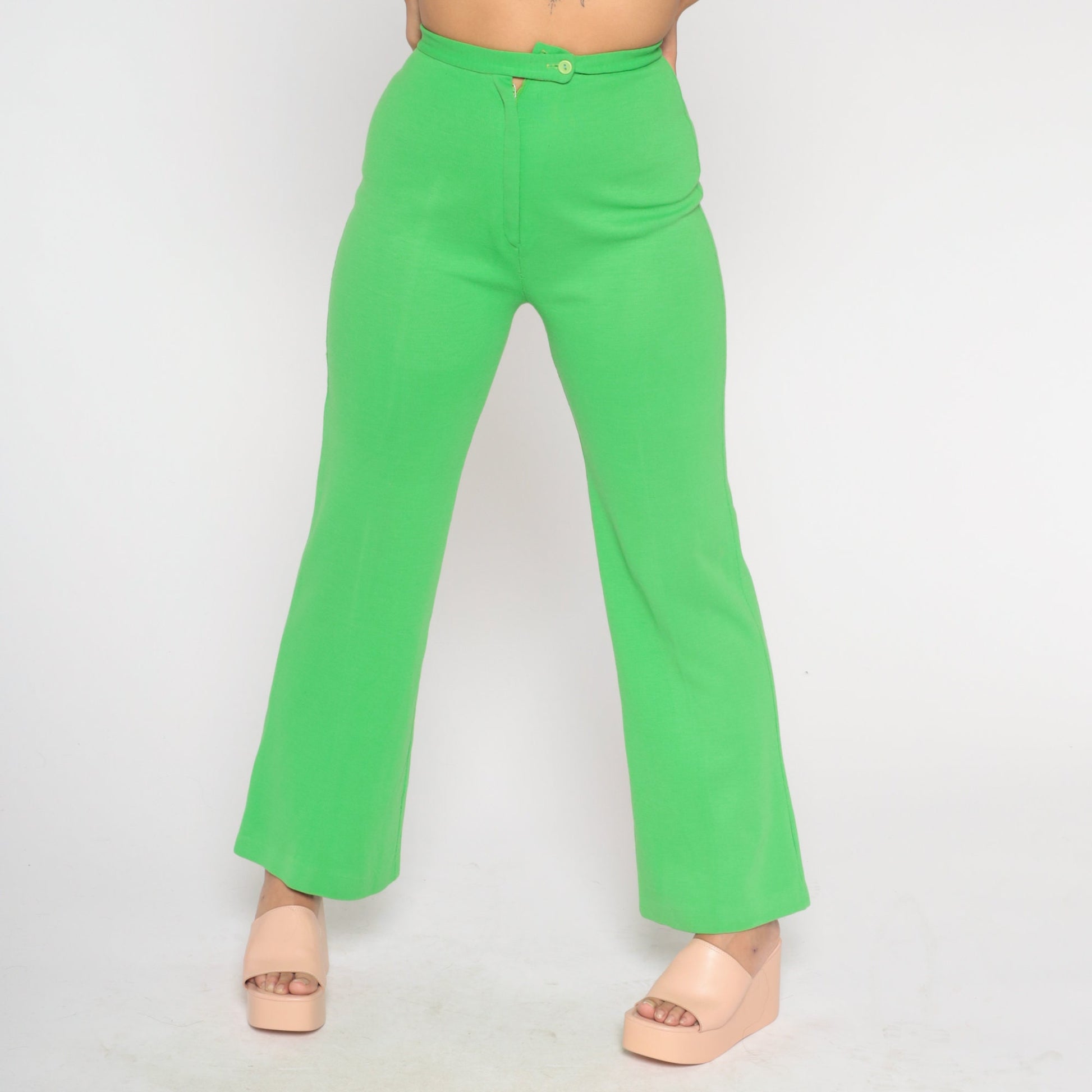 70s Lime Green Bell Bottom Pants High Waist Flared Trousers Small S
