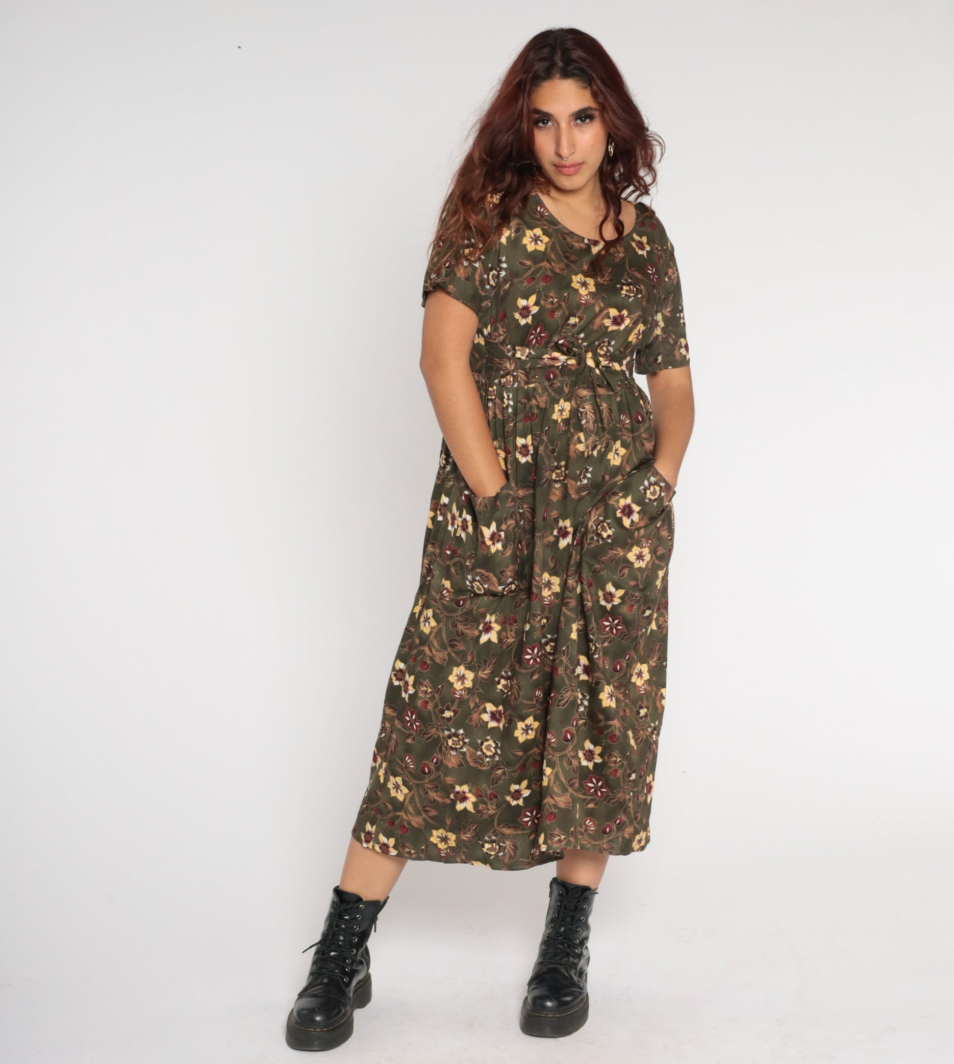 90s Dark Green Floral Midi Dress High Waist Tie Belt Rayon Large L