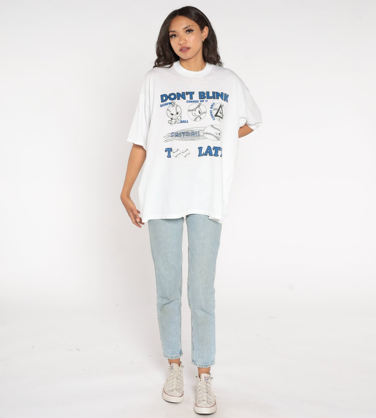 90s Baseball Graphic T-Shirt Don't Blink Too Late White Cotton XXL