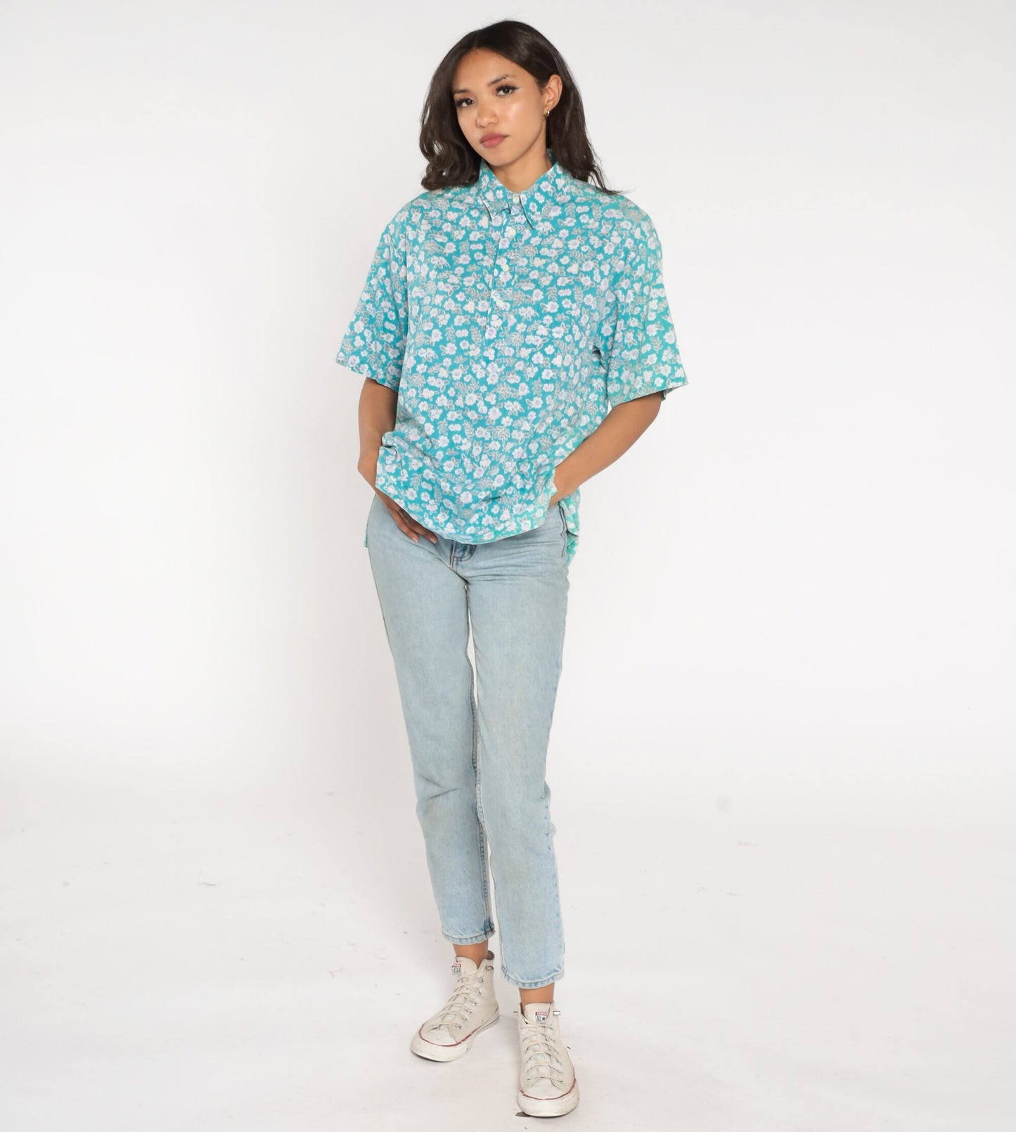 90s Blue Floral Half-Button Shirt Short Sleeve Collared Cotton Blend Large
