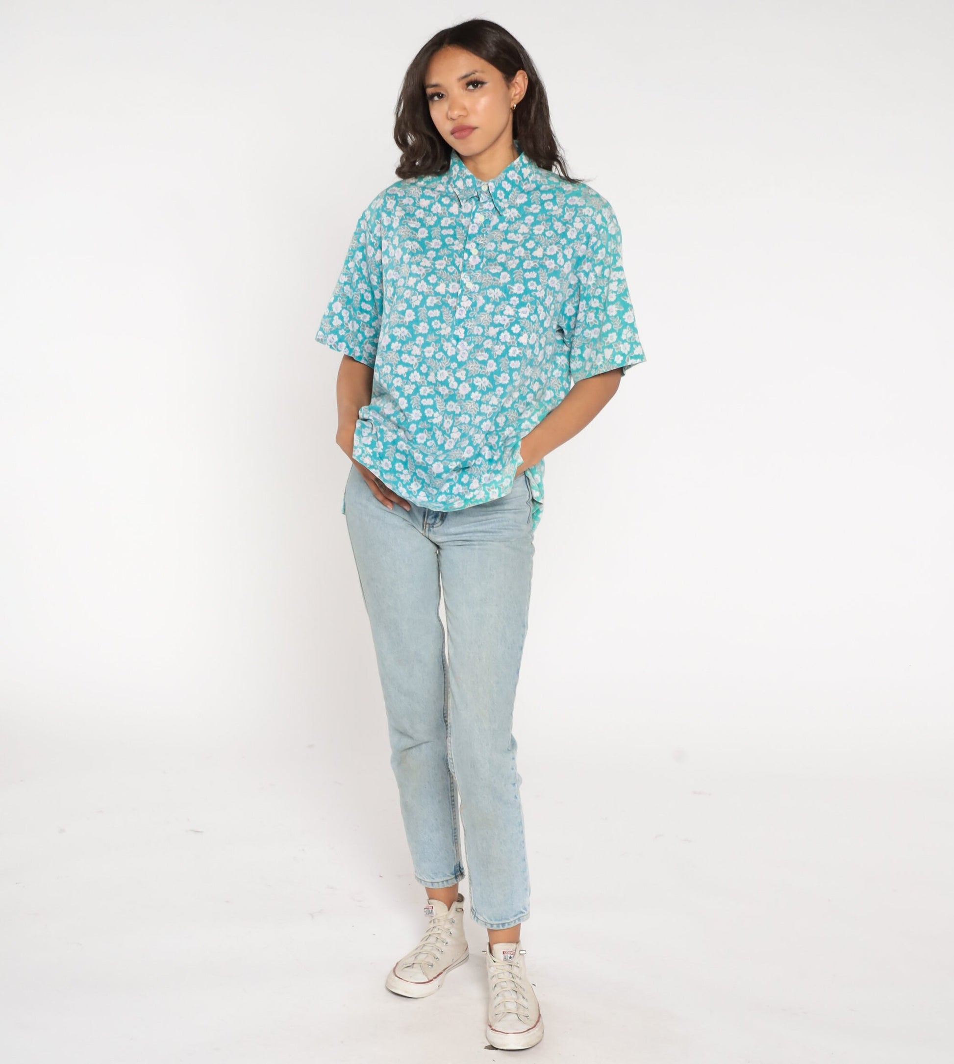 90s Blue Floral Half-Button Shirt Short Sleeve Collared Cotton Blend Large