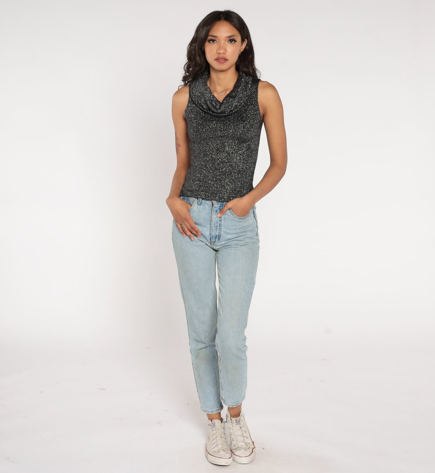 90s Metallic Black Cowl Neck Tank Top Sleeveless Blouse Small S