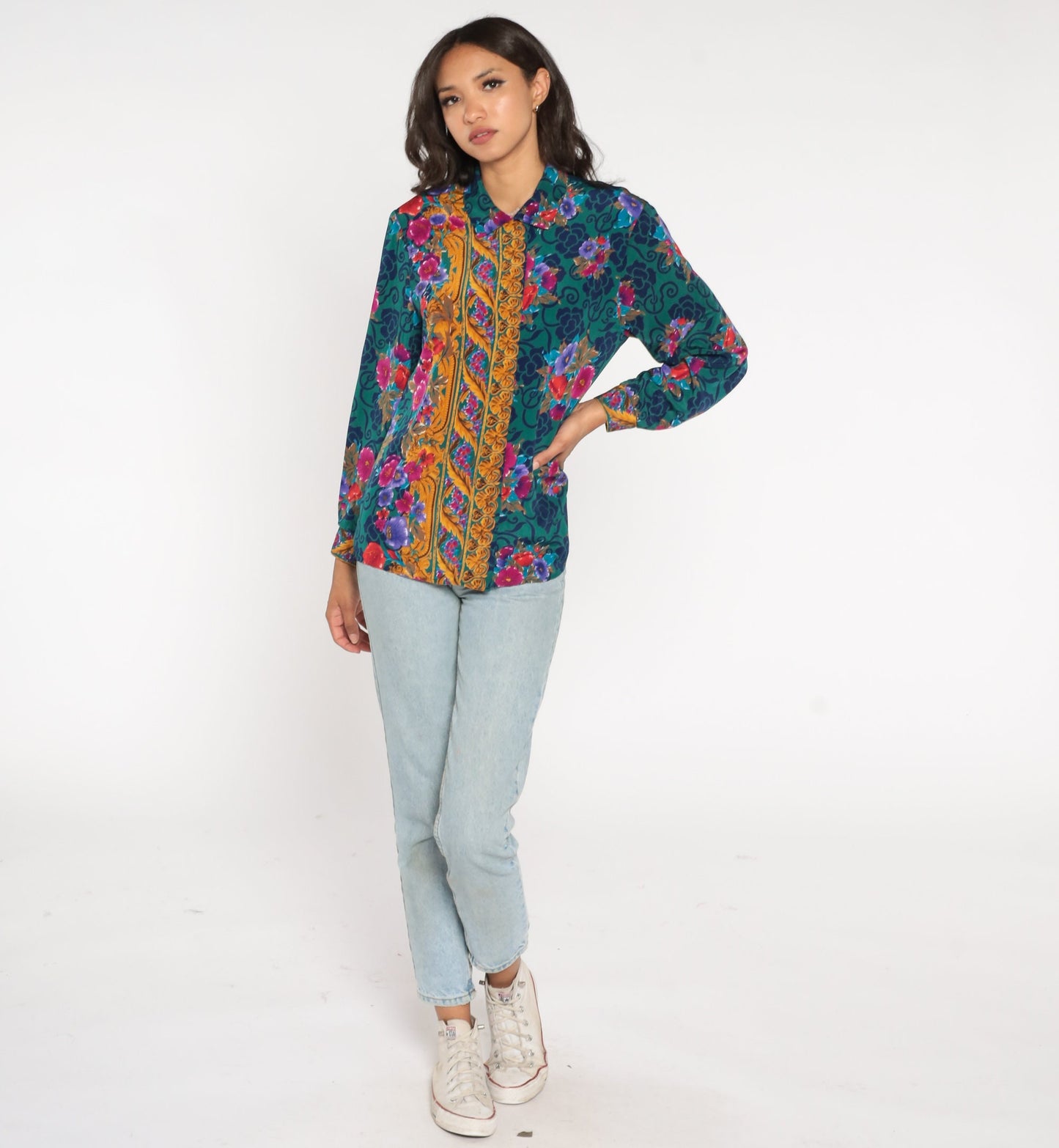 90s Baroque Floral Green Button-Up Blouse Long Sleeve Medium M