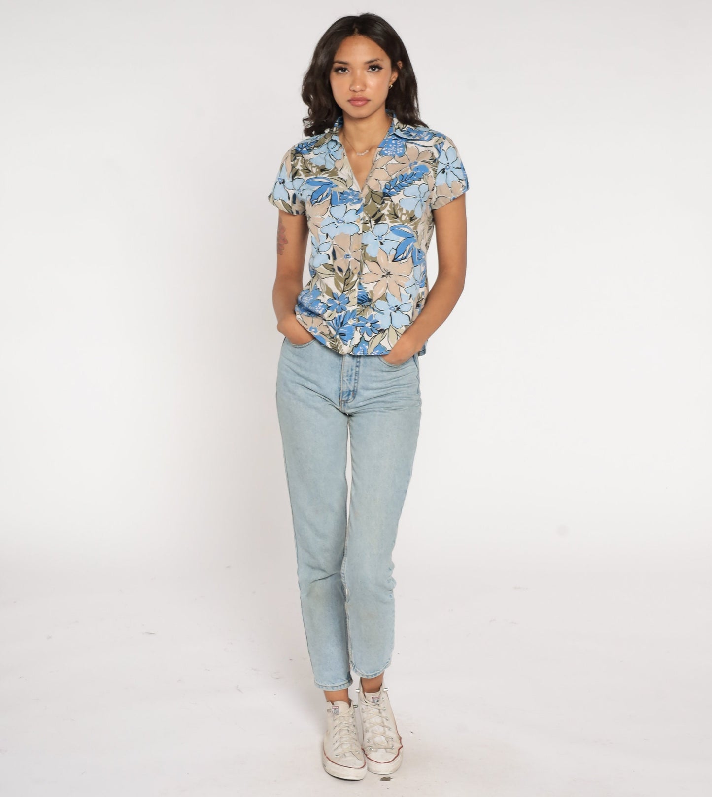 Y2K Floral Button-Up Blouse Blue Tan Flower Print Collar Short Sleeve Petite Small