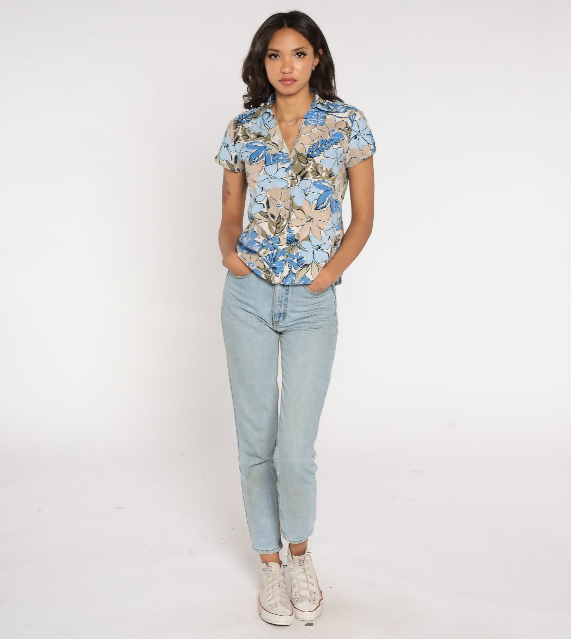 Y2K Floral Button-Up Blouse Blue Tan Flower Print Collar Short Sleeve Petite Small