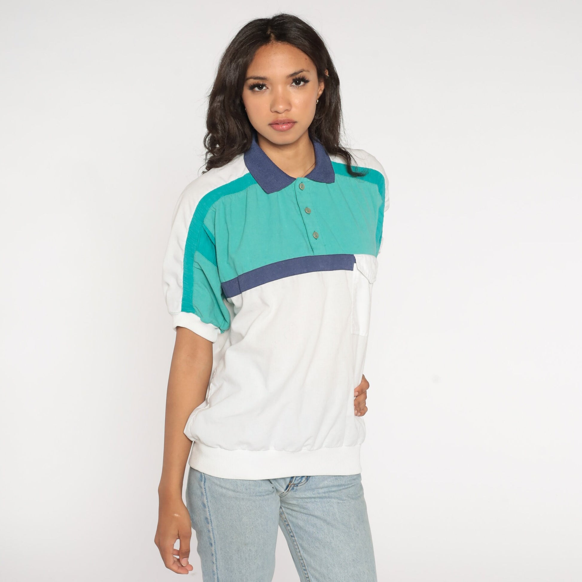 90s Striped Polo Shirt Collared Color Block Short Sleeve White Blue Green Men's Small