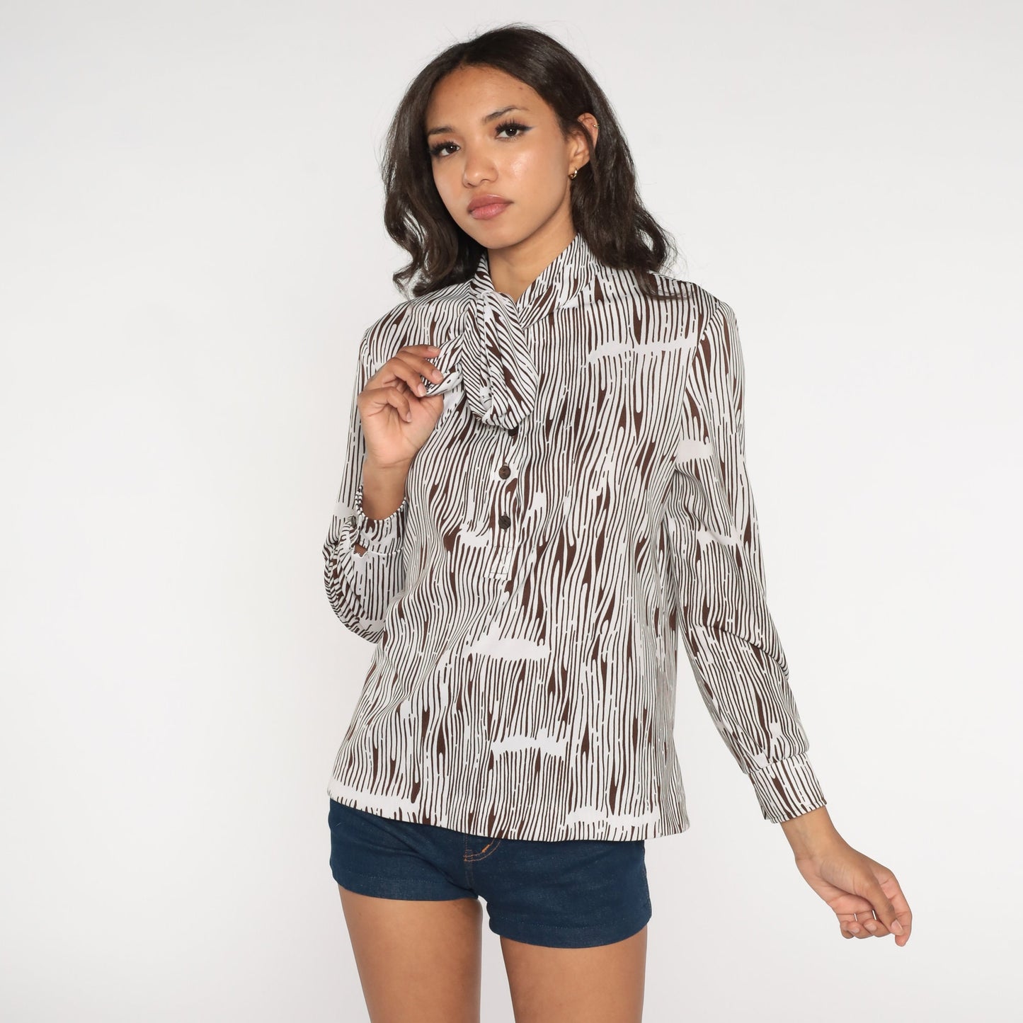 70s I. Magnin Zebra Print Ascot Blouse Long Sleeve White Brown Medium M