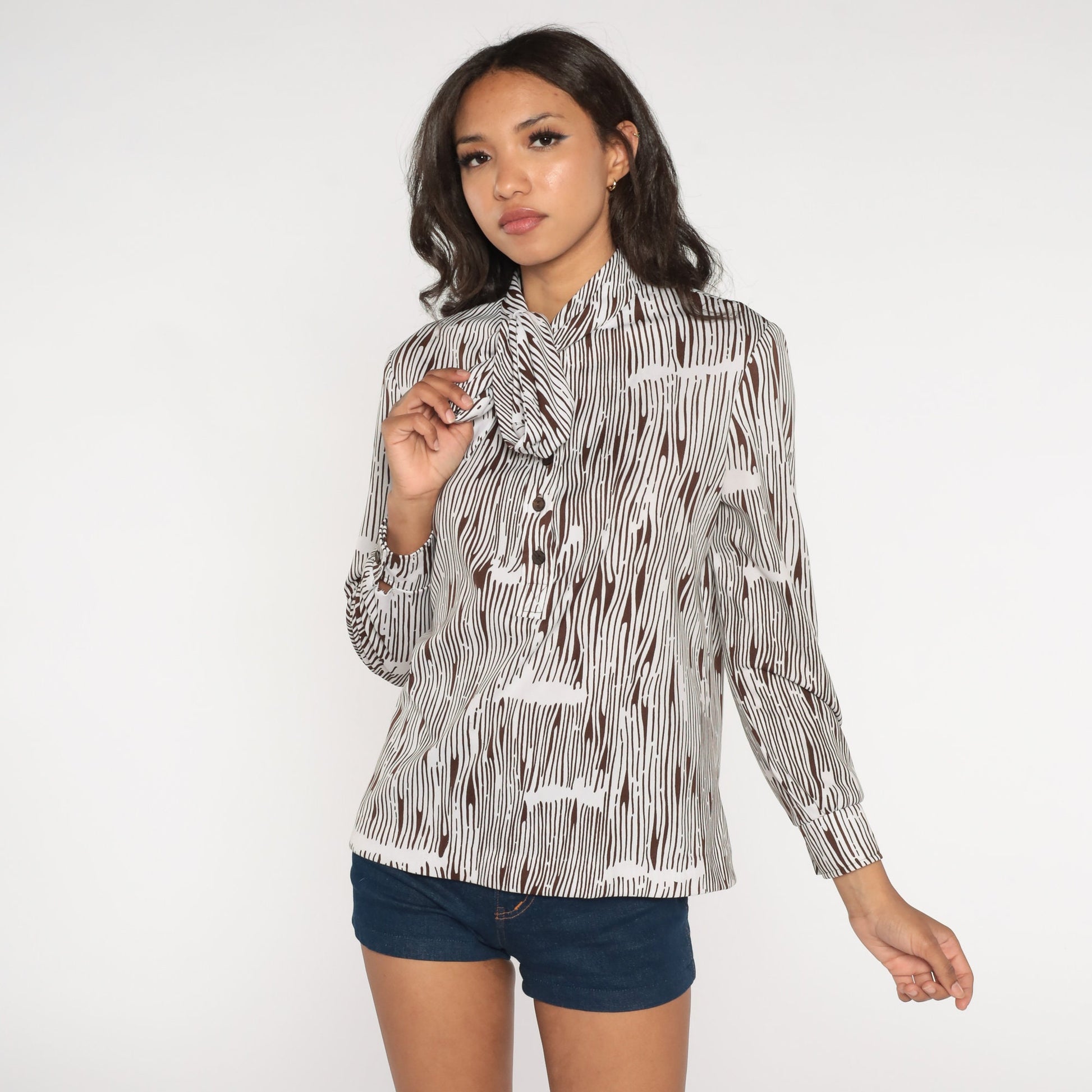 70s I. Magnin Zebra Print Ascot Blouse Long Sleeve White Brown Medium M