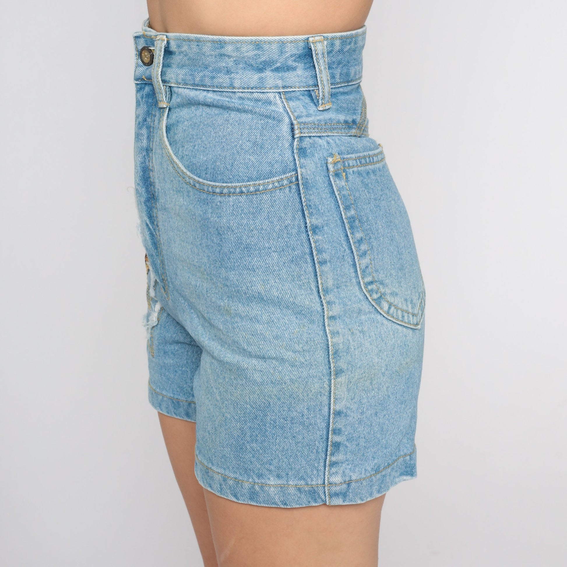 90s High Waisted Blue Denim Shorts Embroidered Star Patch Extra Small