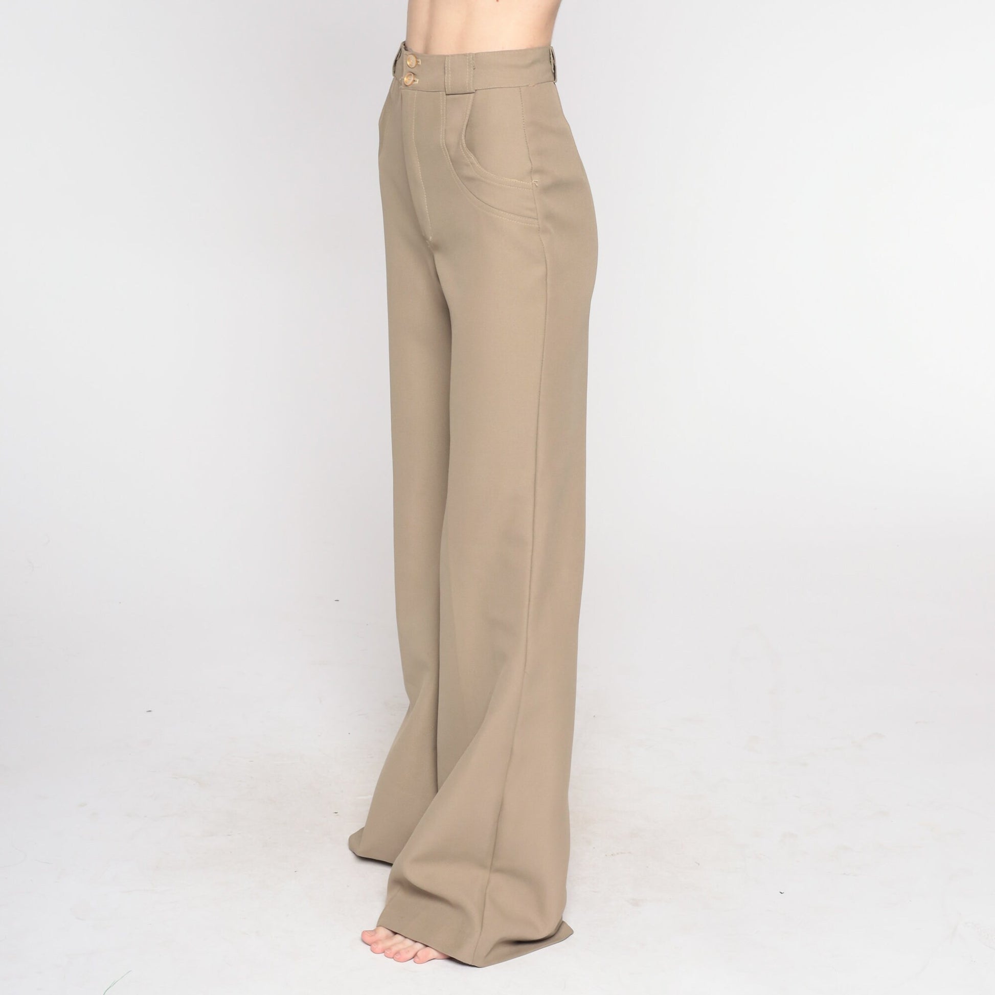 70s Taupe Bell Bottom Pants High Waist Flared Trousers Extra Small