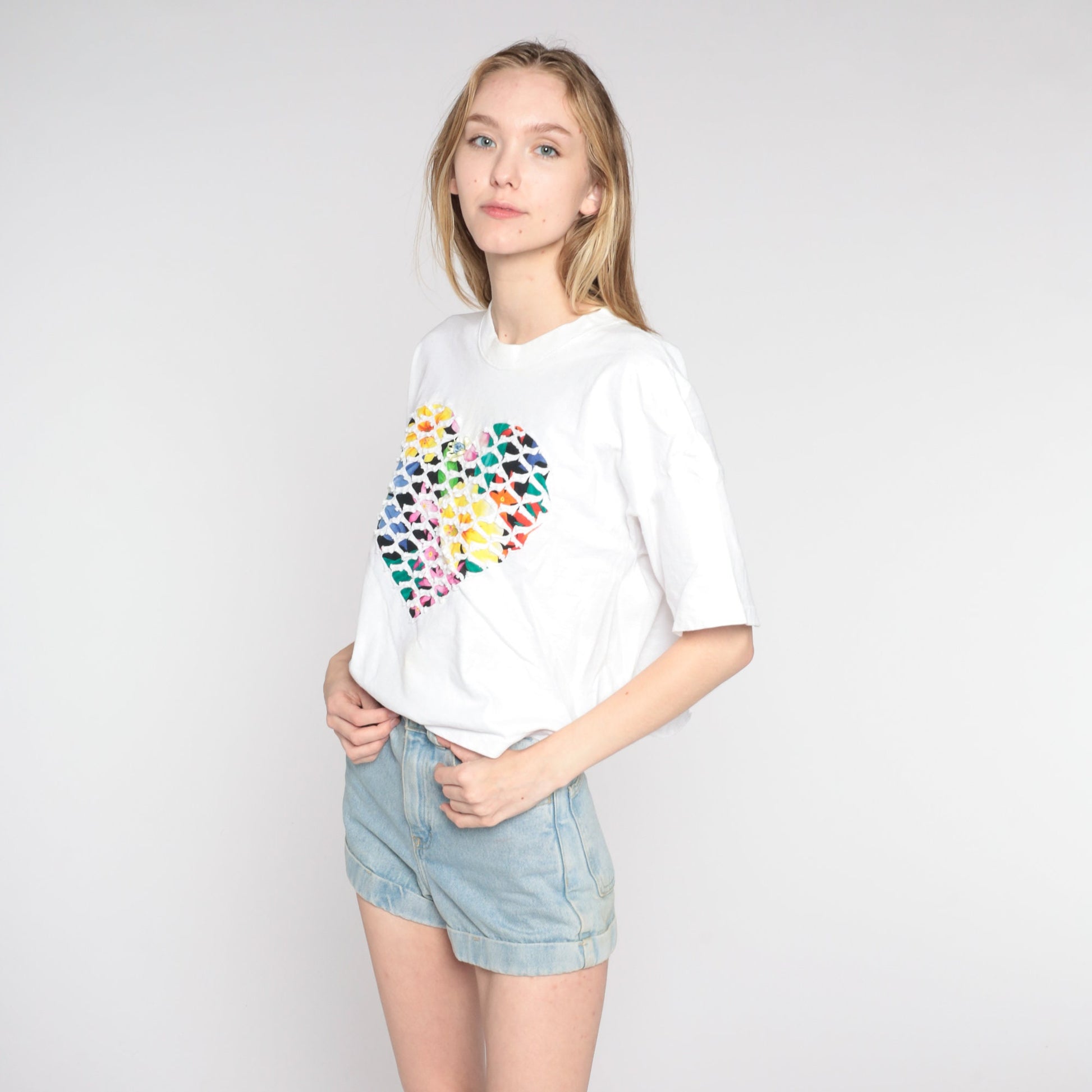 90s Floral Heart Graphic T-Shirt White Single Stitch Rosette Large L