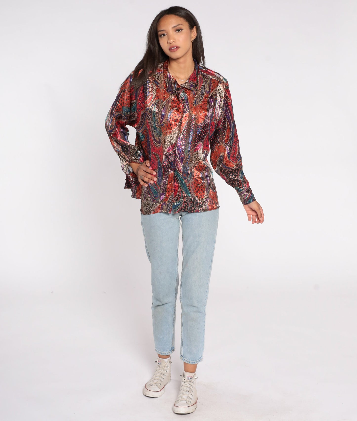 80s Paisley Button-Up Blouse Metallic Stripes Long Sleeve Shirt Size 14