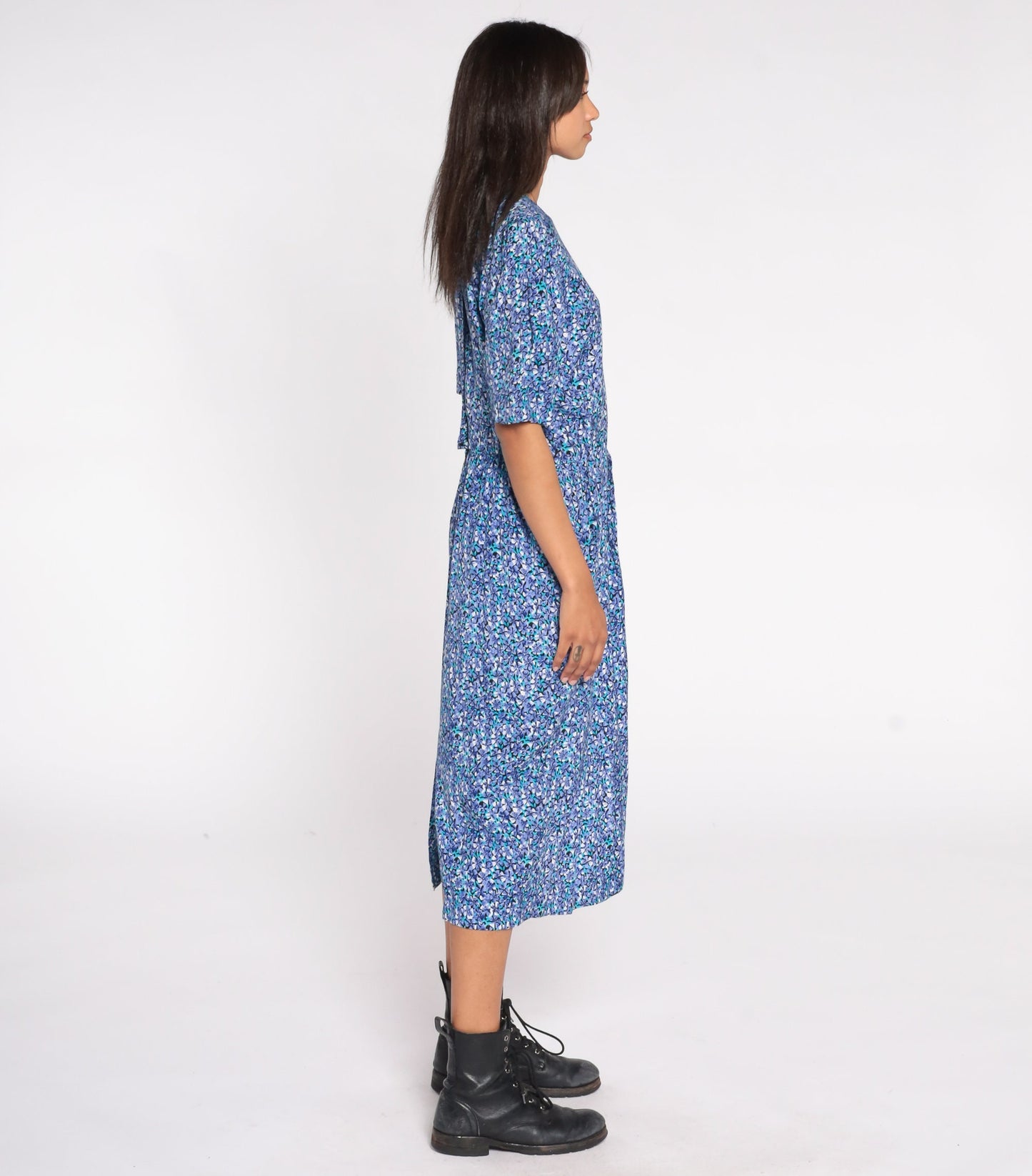 80s Blue Floral Midi Dress Puff Sleeve High Waist Rayon Medium