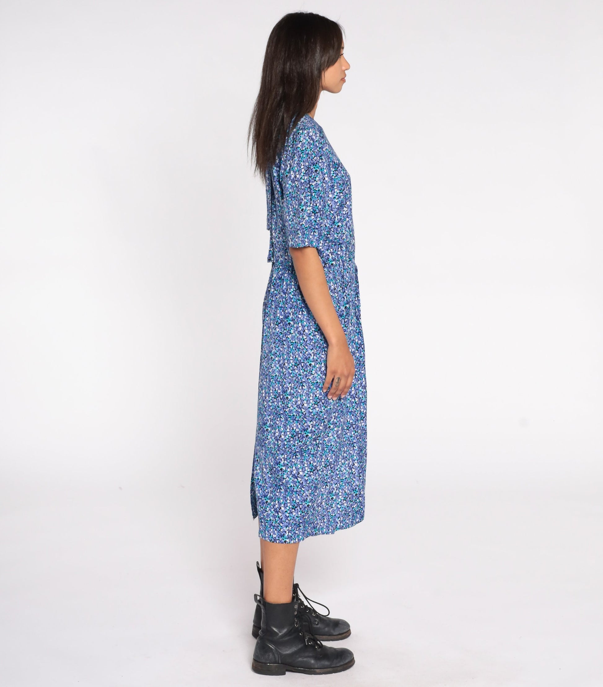 80s Blue Floral Midi Dress Puff Sleeve High Waist Rayon Medium