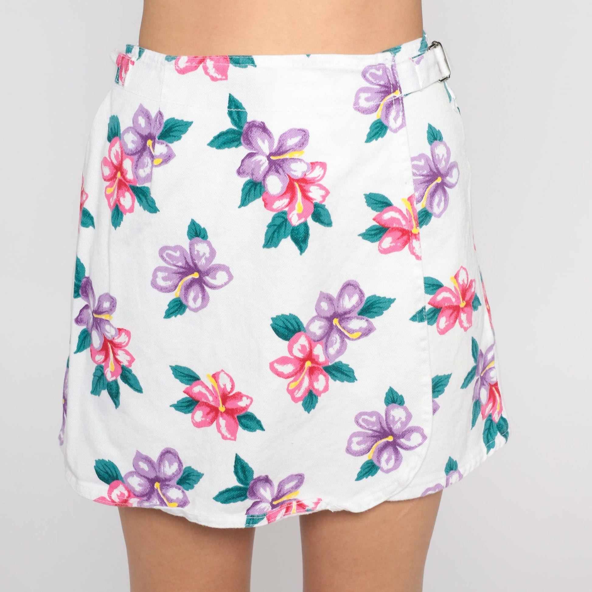 90s Hawaiian Floral White Denim Skort High Waist Faux Wrap Mini Medium
