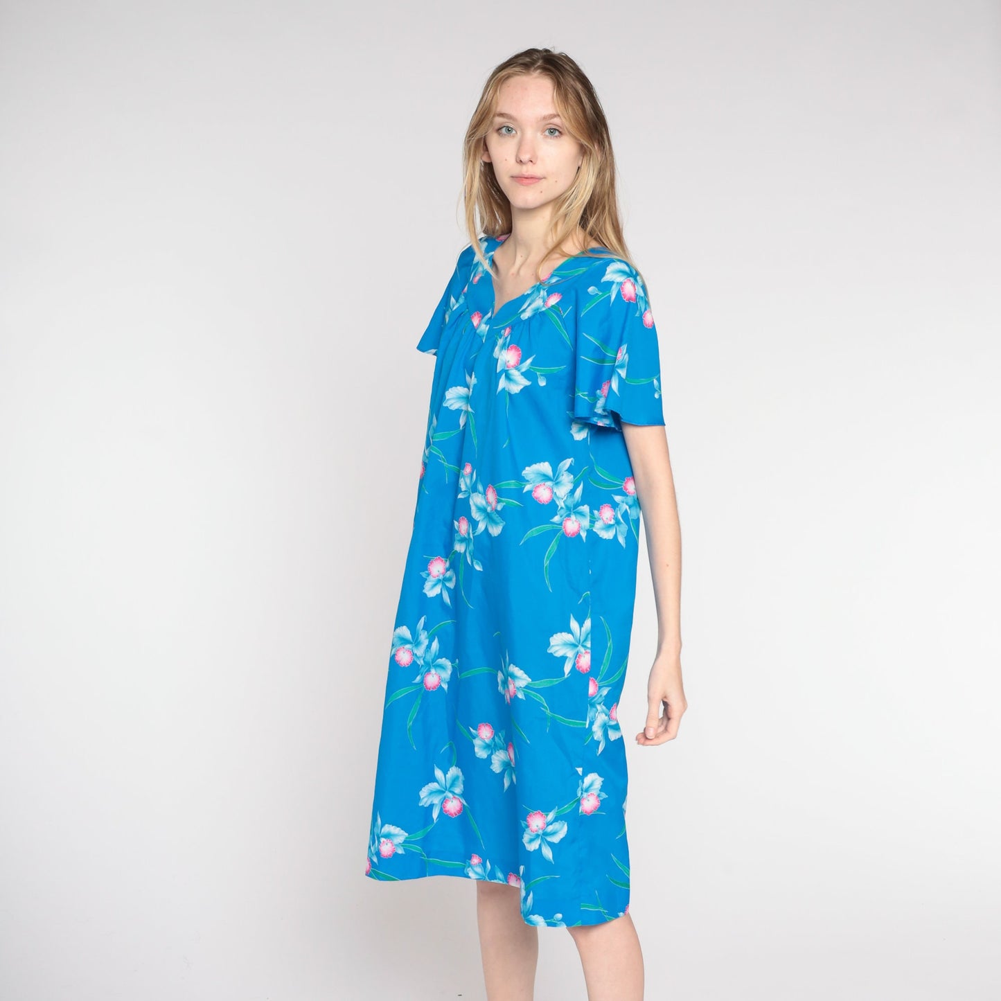 80s Blue Floral Shift Dress Flutter Sleeve Midi Large