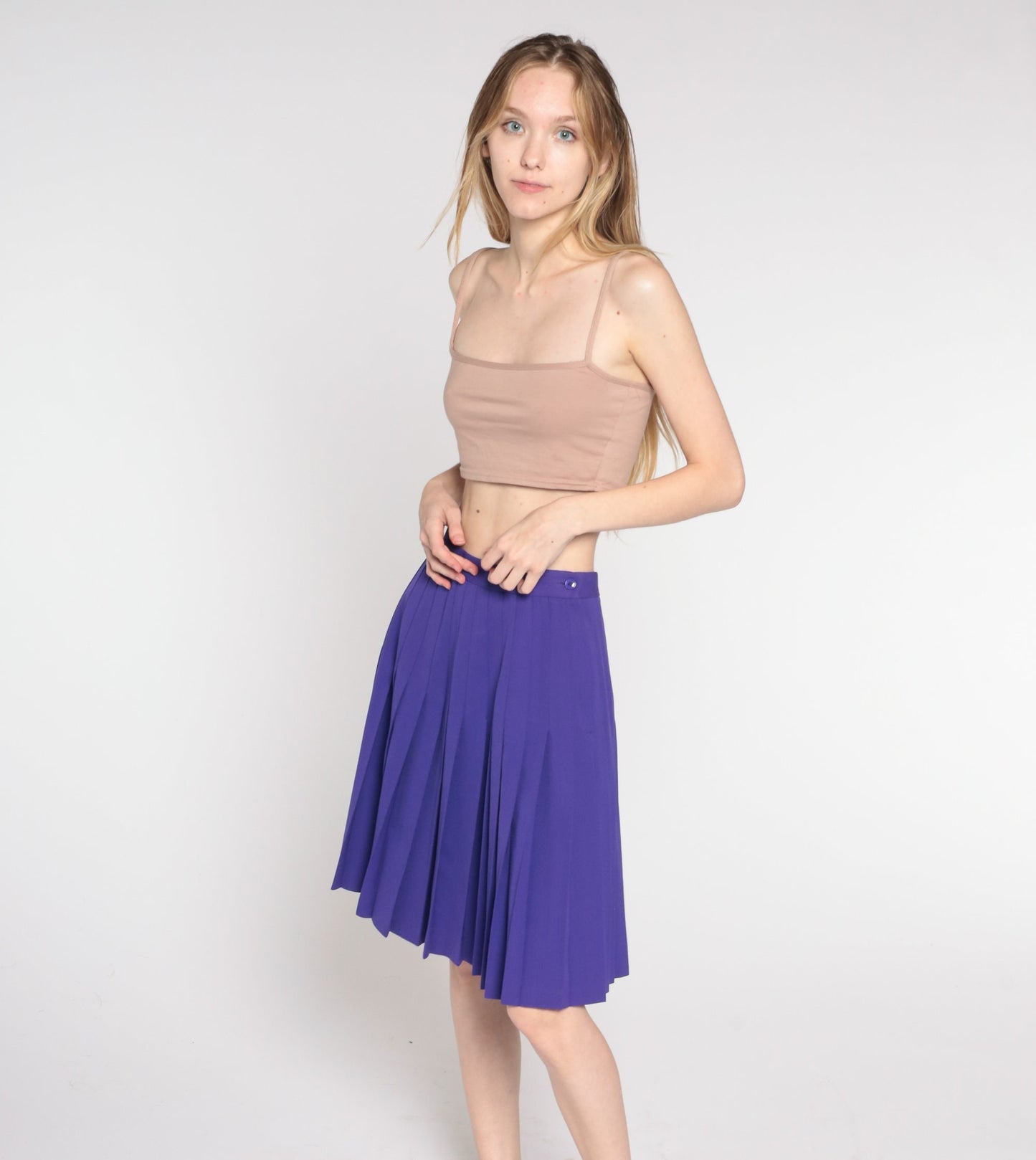 80s Purple Pleated Midi Skirt High Waist Extra Small