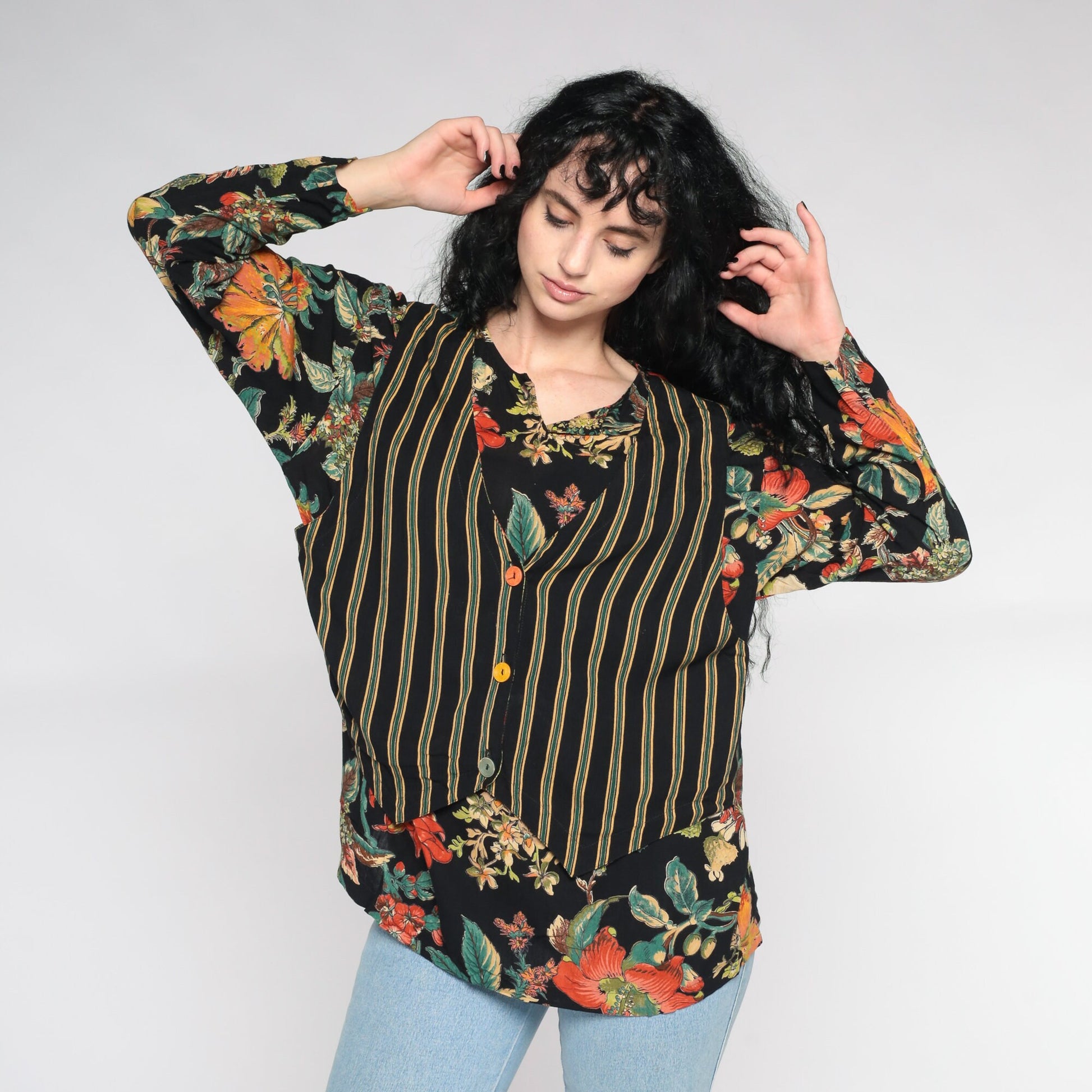 90s Carol Little Floral Blouse Black Striped Attached Vest Button Up Large
