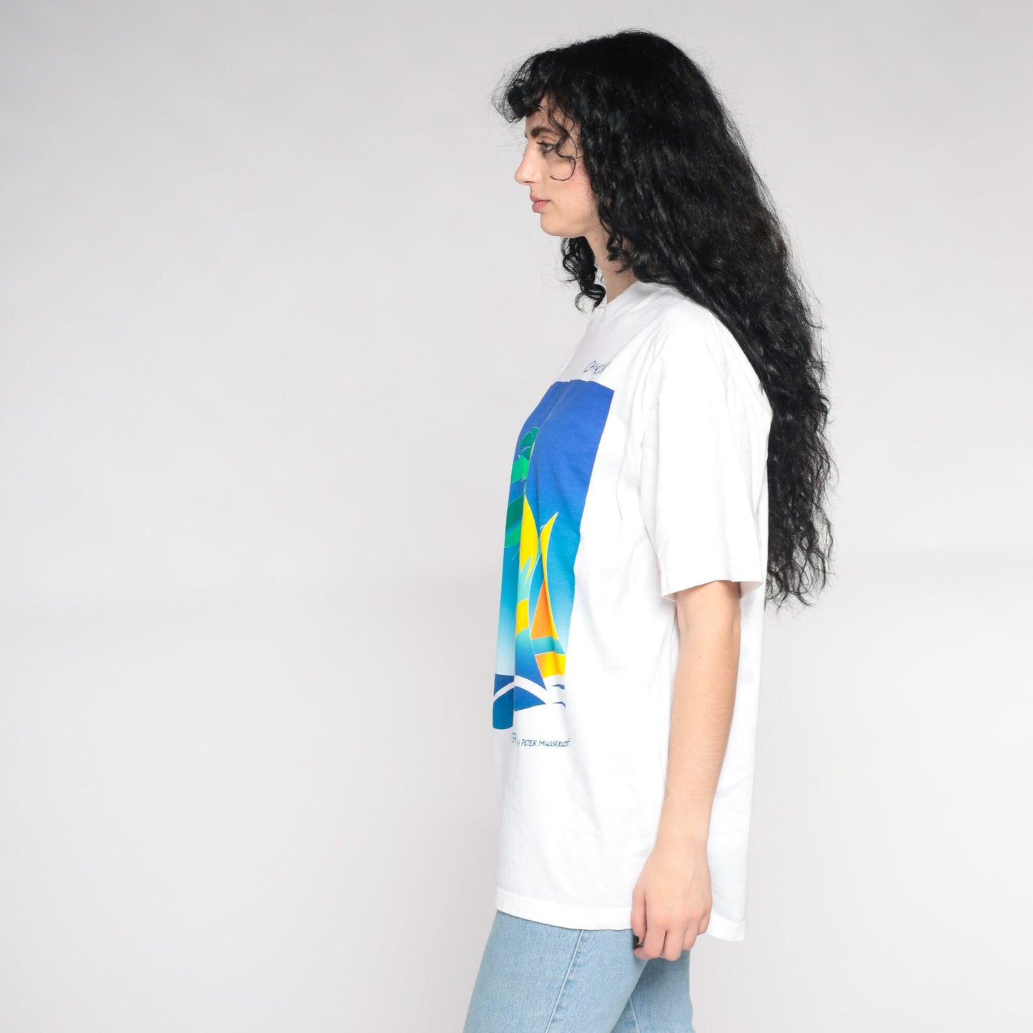 00s Peter Mussfeldt Cancun Sailboat Palm Tree Graphic T-Shirt White Extra Large