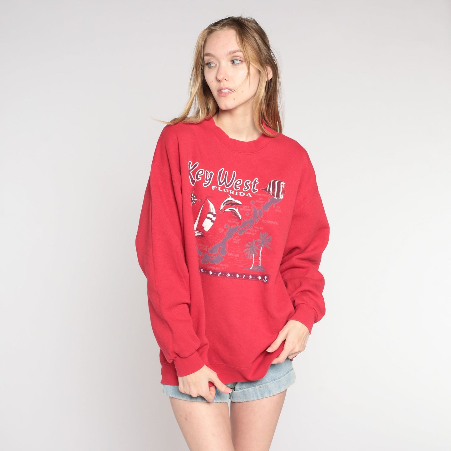 90s Lee Key West Florida Sweatshirt Red Graphic Crewneck Pullover Large L