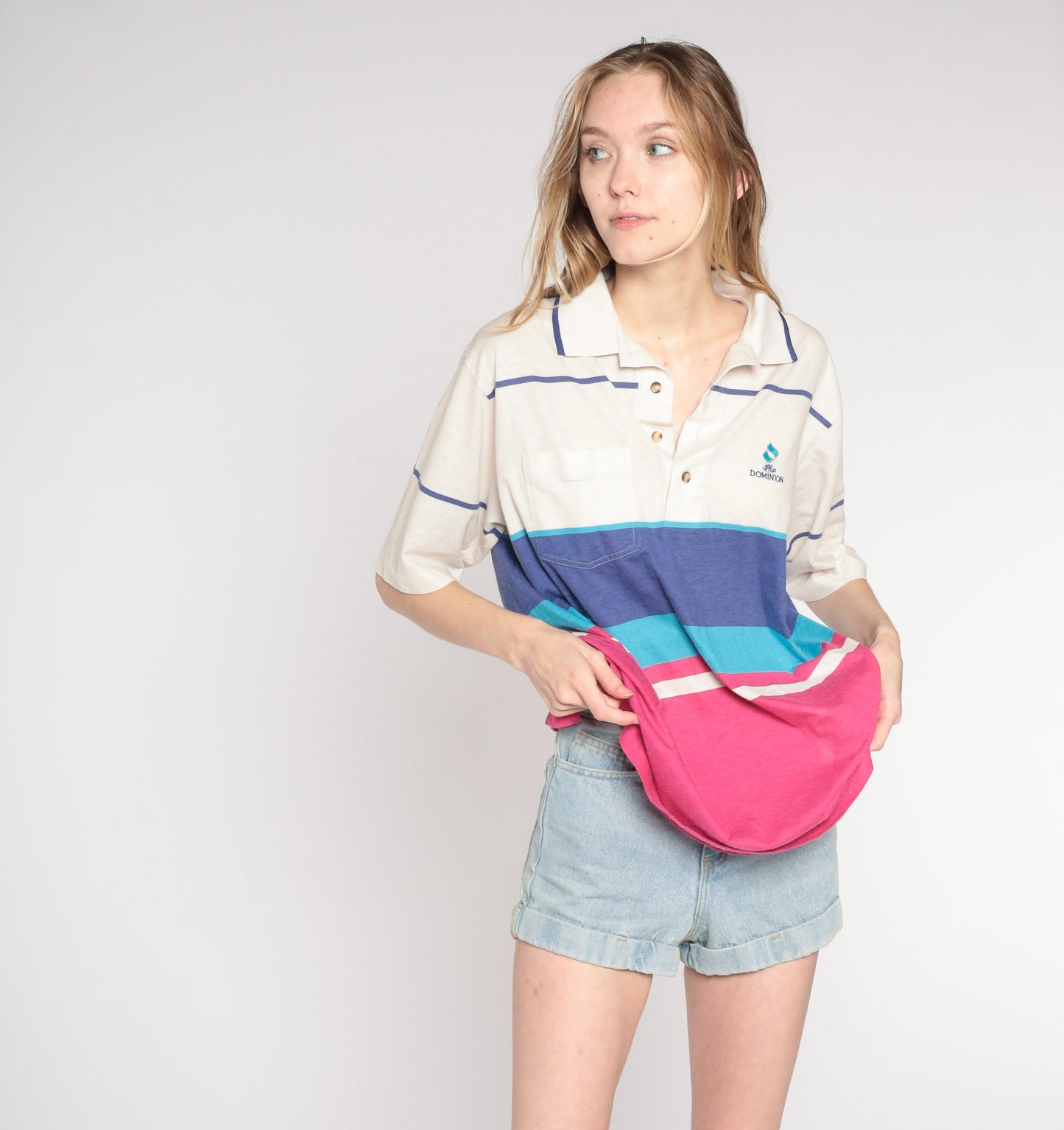 90s Izod Club Polo Shirt The Dominion Striped Color Block White Pink Blue Large
