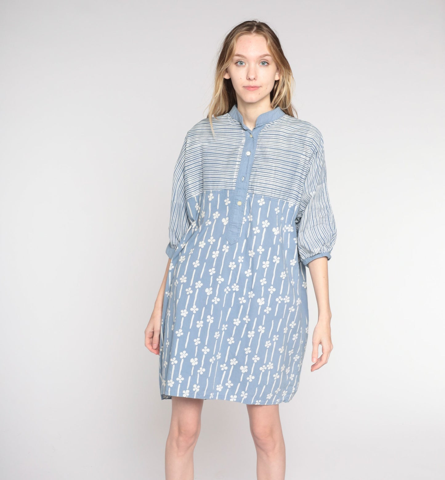 80s Striped Floral Shirtdress Blue Button-Up Mini Cotton Extra Large