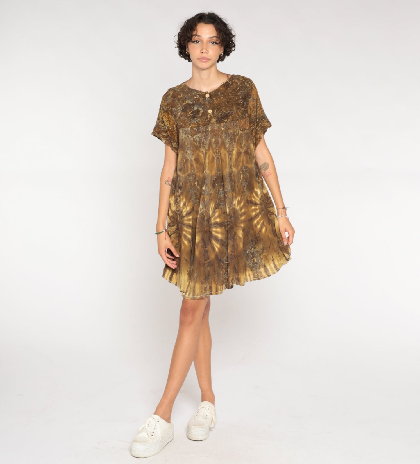 90s Tie Dye Mini Dress Brown Tent Cut Empire Waist Rayon Large