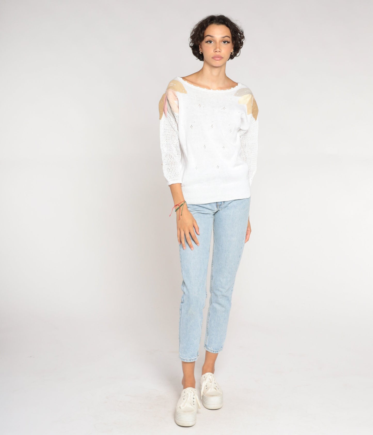 90s White Cutout Knit Sweater Pearl Beaded Leaf Applique Medium M