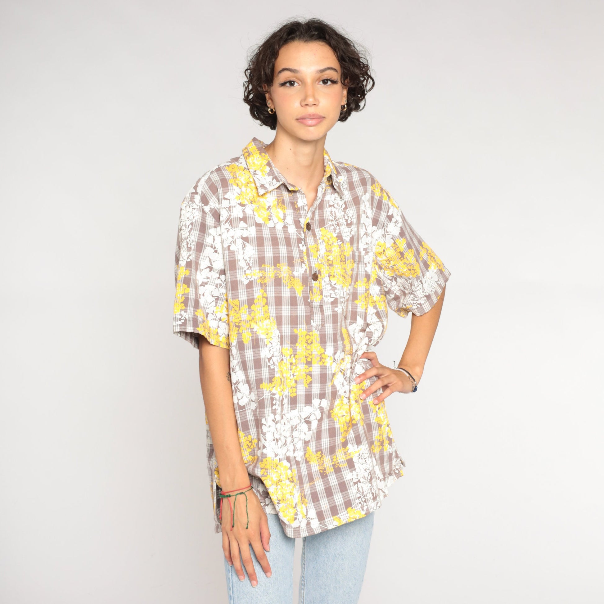 80s Checkered Floral Short Sleeve Button-Up Shirt White Brown Yellow Extra Large XL