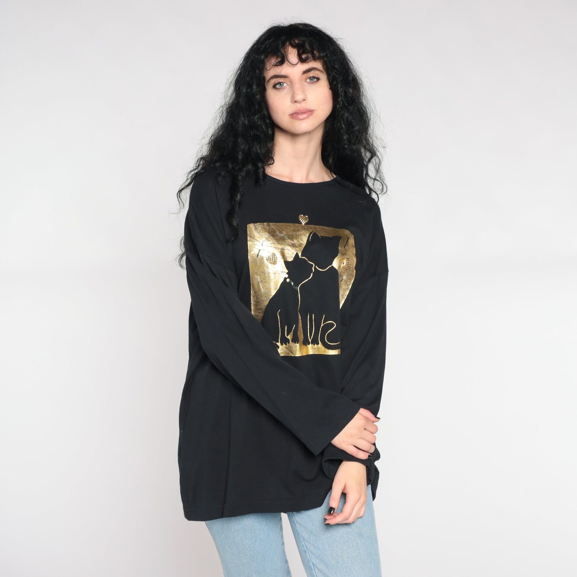90s Cat Mama Baby Kitten Graphic Tee Gold Metallic Heart Black Extra Large