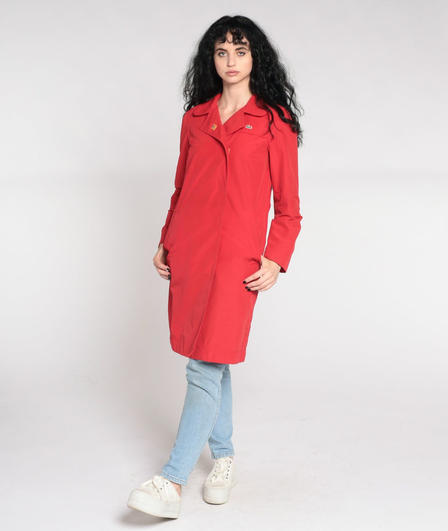 00s Lacoste Red Nylon Trench Coat Knee Length Extra Small