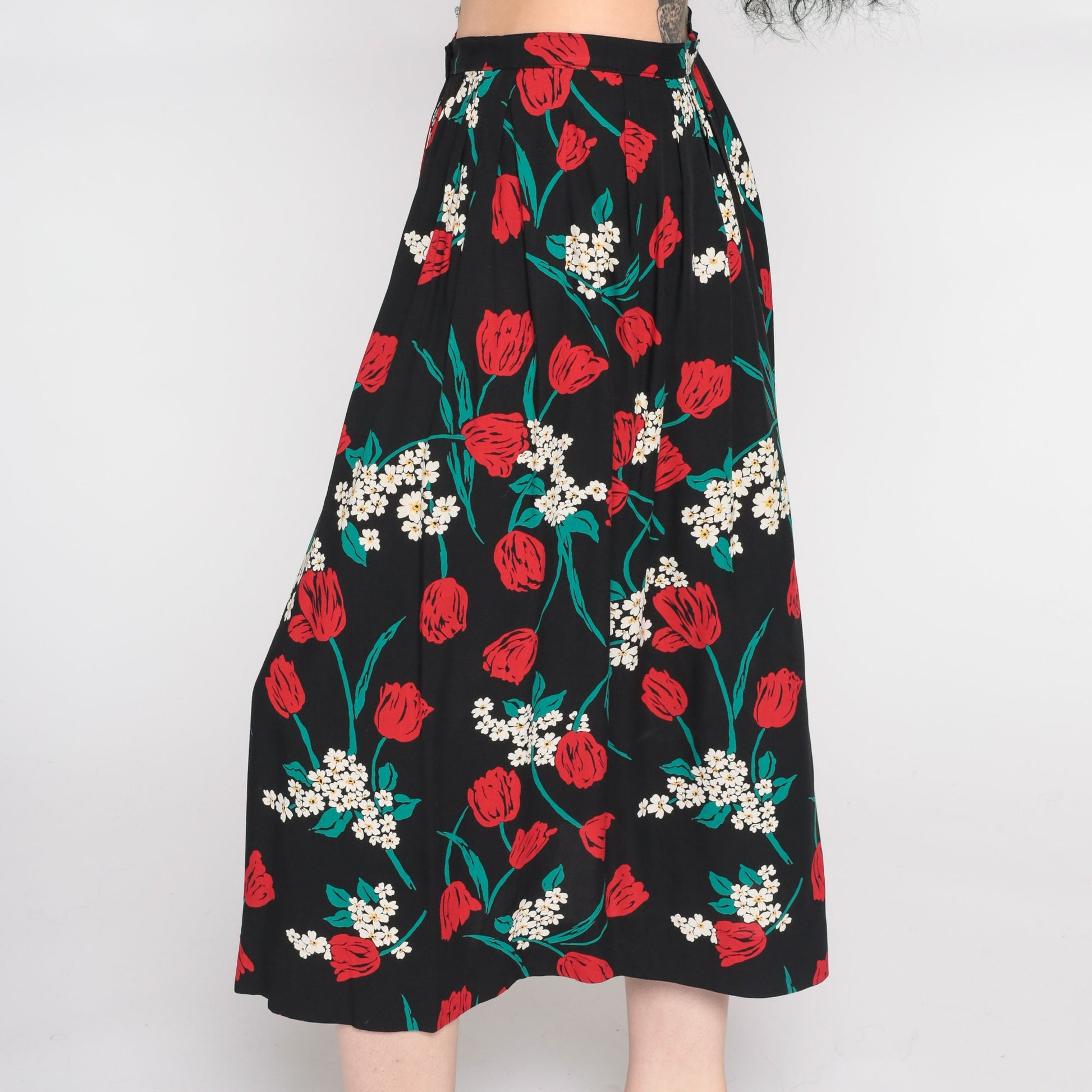 90s Pendleton Floral Midi Skirt Black Red High Waist Small