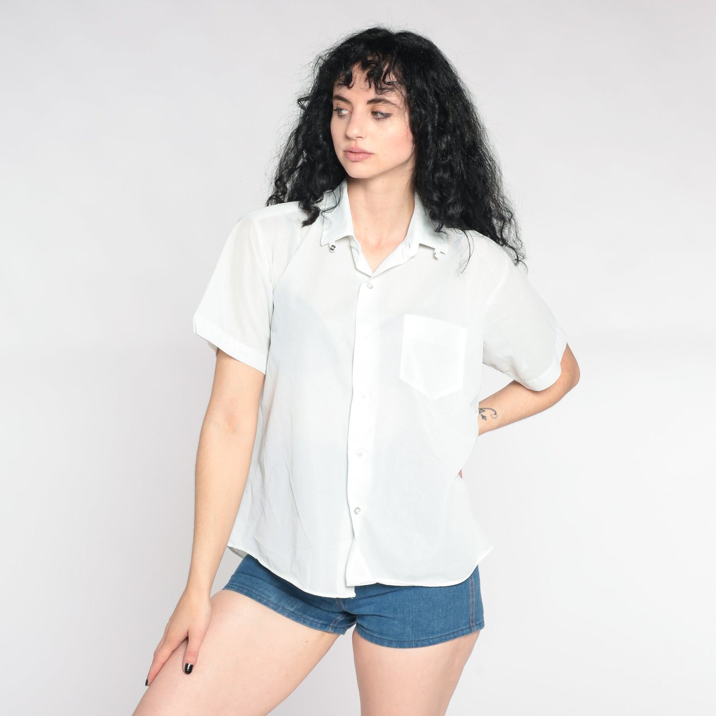 90s Mint Green Pinstripe Button-Up Shirt Semi-Sheer Short Sleeve Large