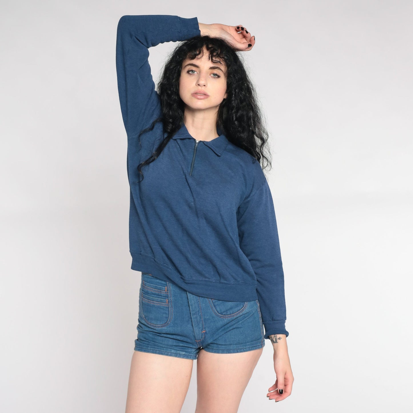 90s Blue Quarter Zip Collared Pullover Sweatshirt Plain Medium M