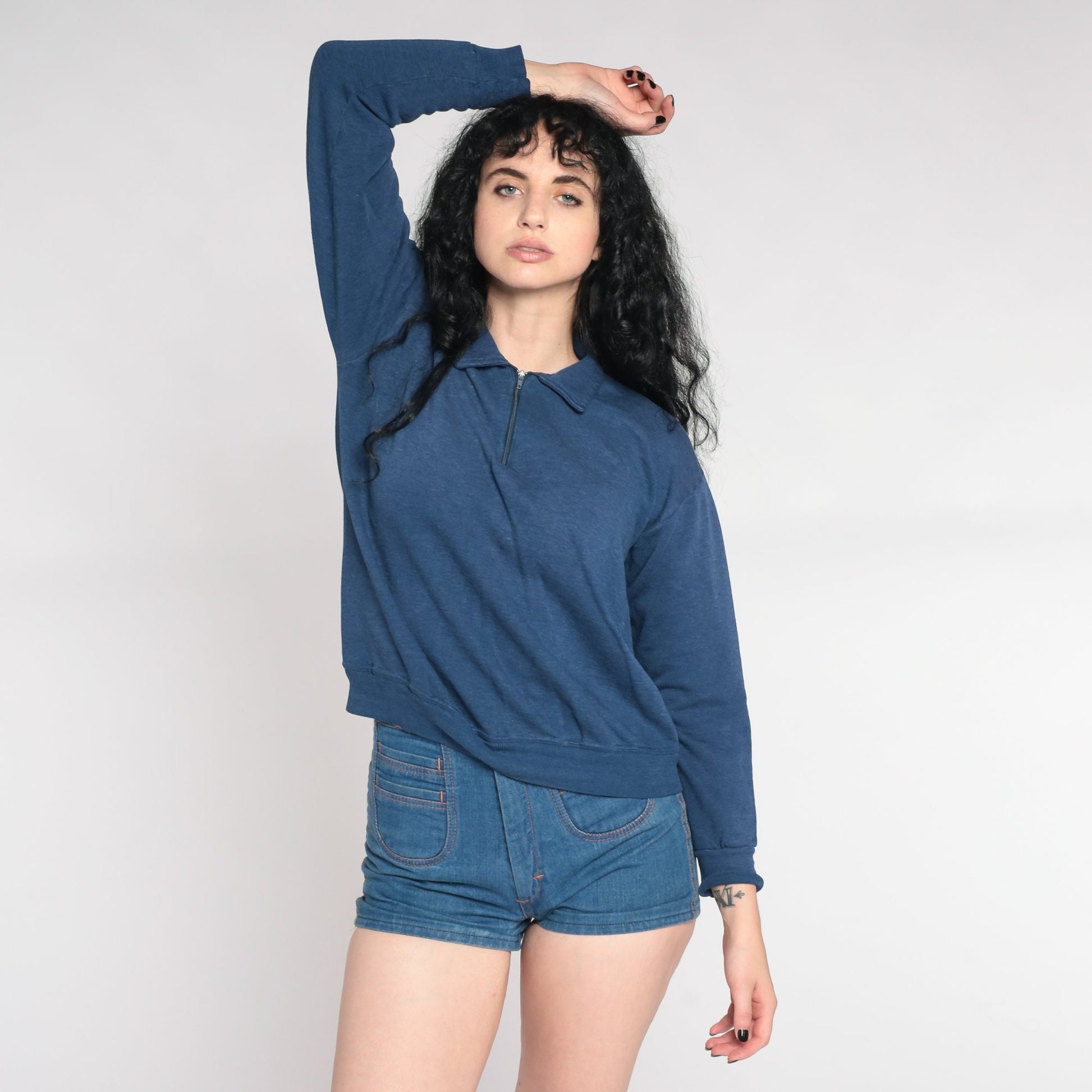 90s Blue Quarter Zip Collared Pullover Sweatshirt Plain Medium M