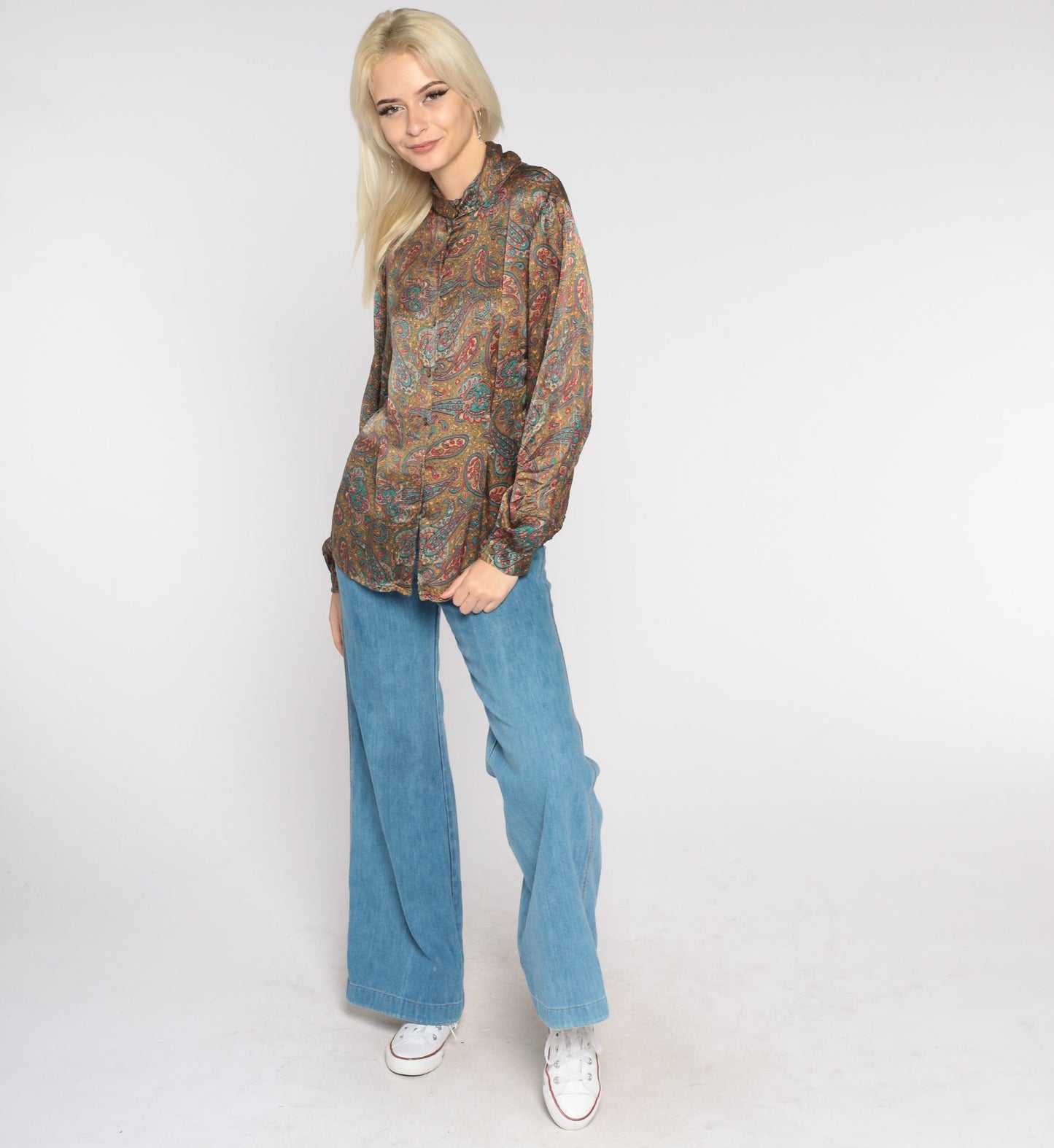 80s Paisley Silk Blouse High Neck Button Up Long Sleeve Large L