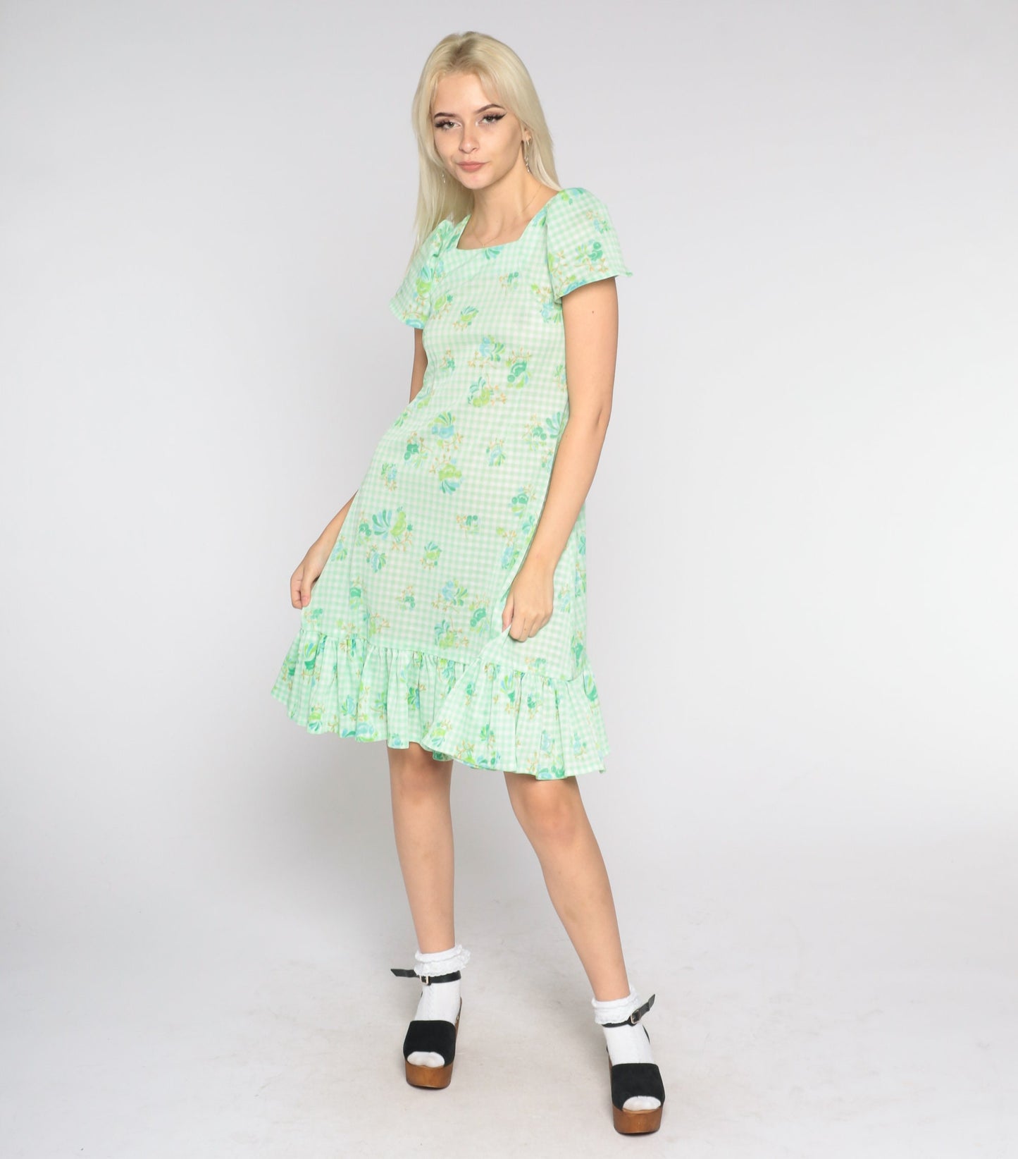 70s Green White Gingham Bird Floral Mini Dress Puff Sleeve Shift Small