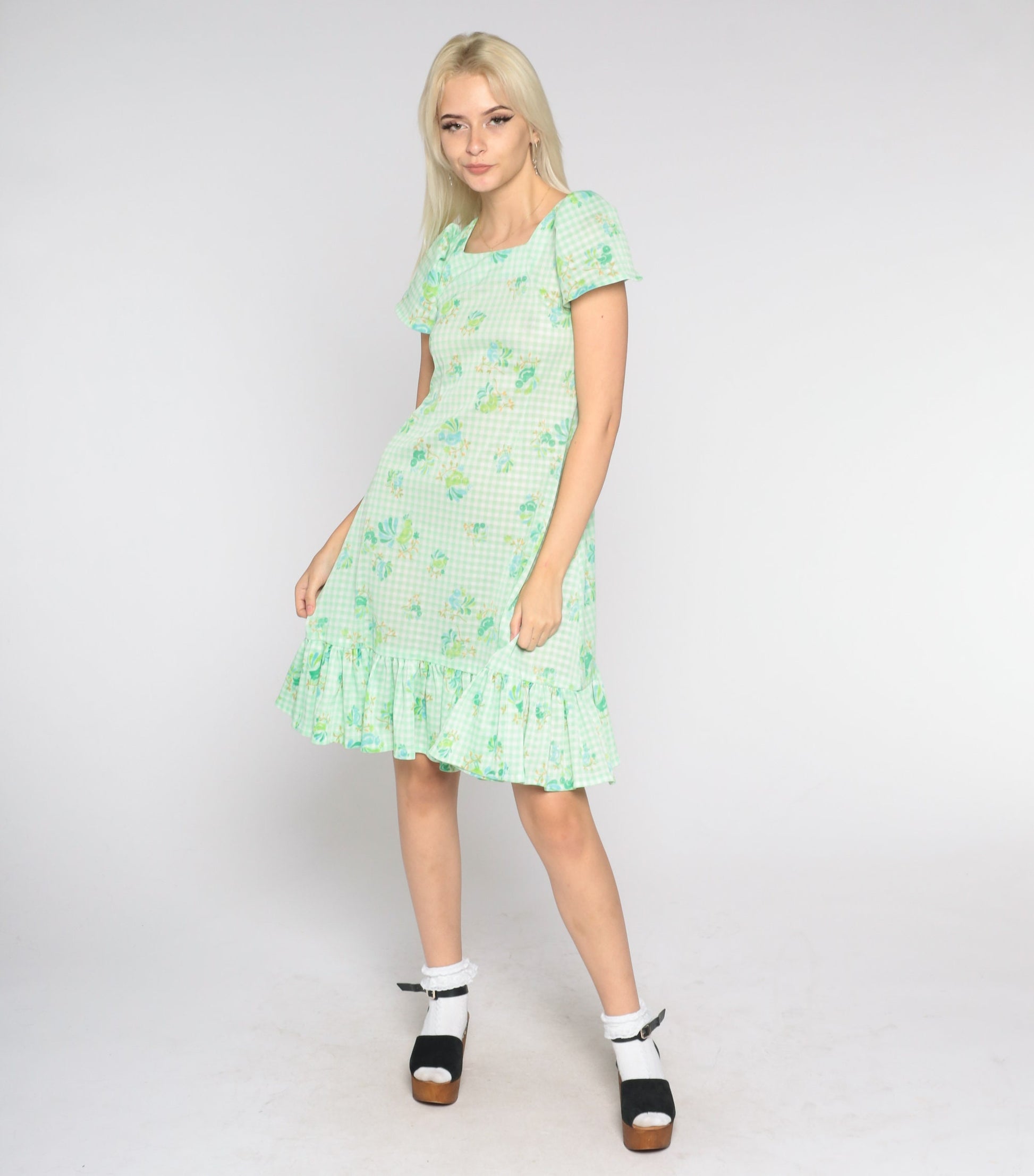 70s Green White Gingham Bird Floral Mini Dress Puff Sleeve Shift Small