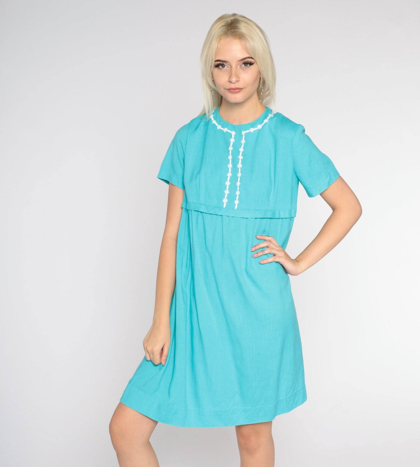 60s Bright Blue Mini Shift Dress Floral Trim Empire Waist Small