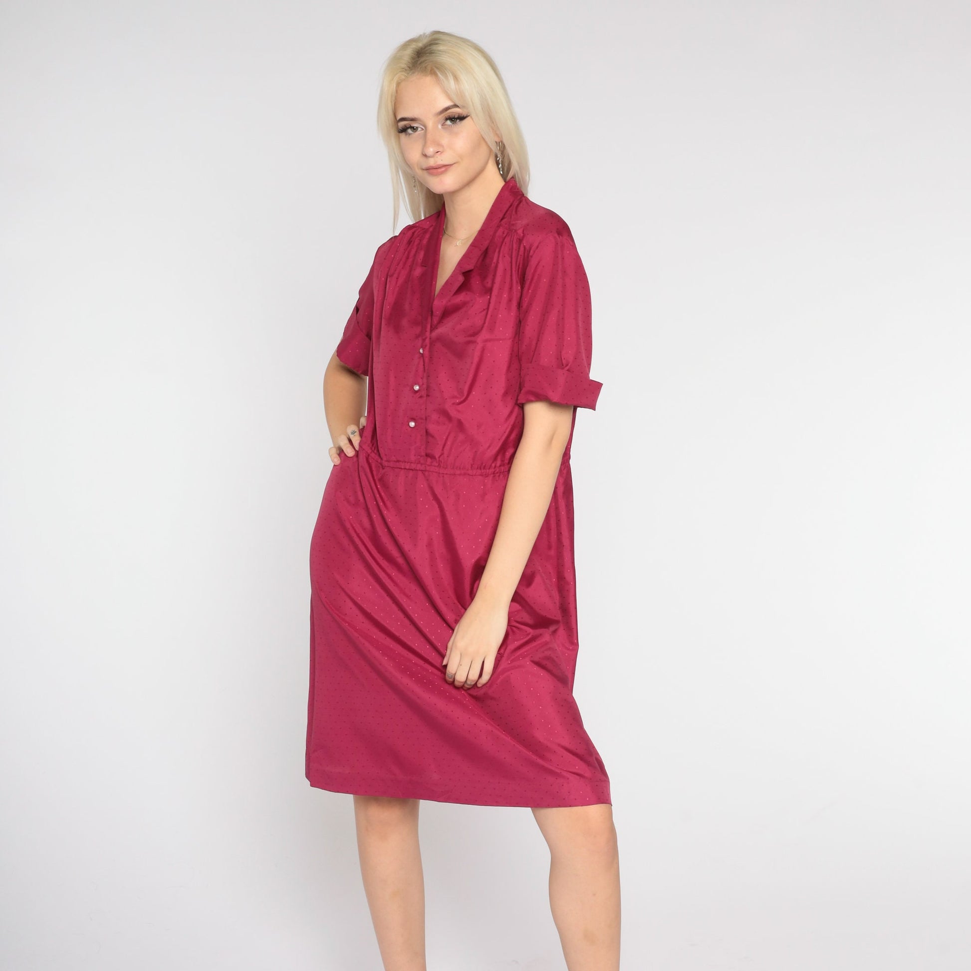 80s Berry Red Shirtwaist Mini Dress Embossed Dots Button-Up Collar Medium Large