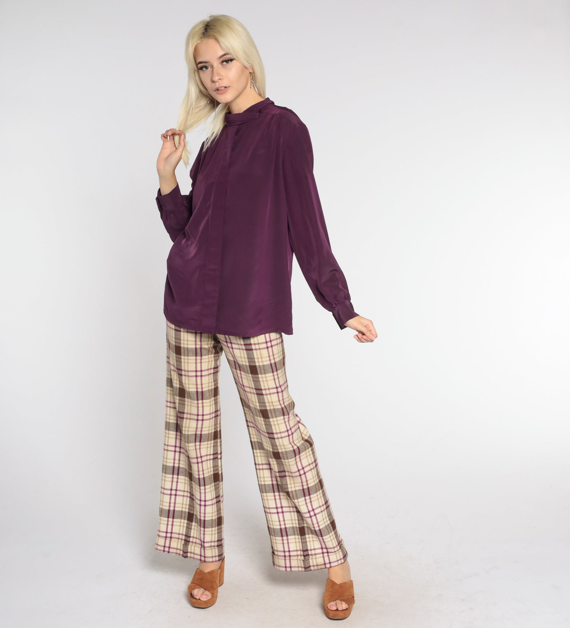 80s Pendleton Eggplant Blouse Long Sleeve High Neck Hidden Button Shirt Large L