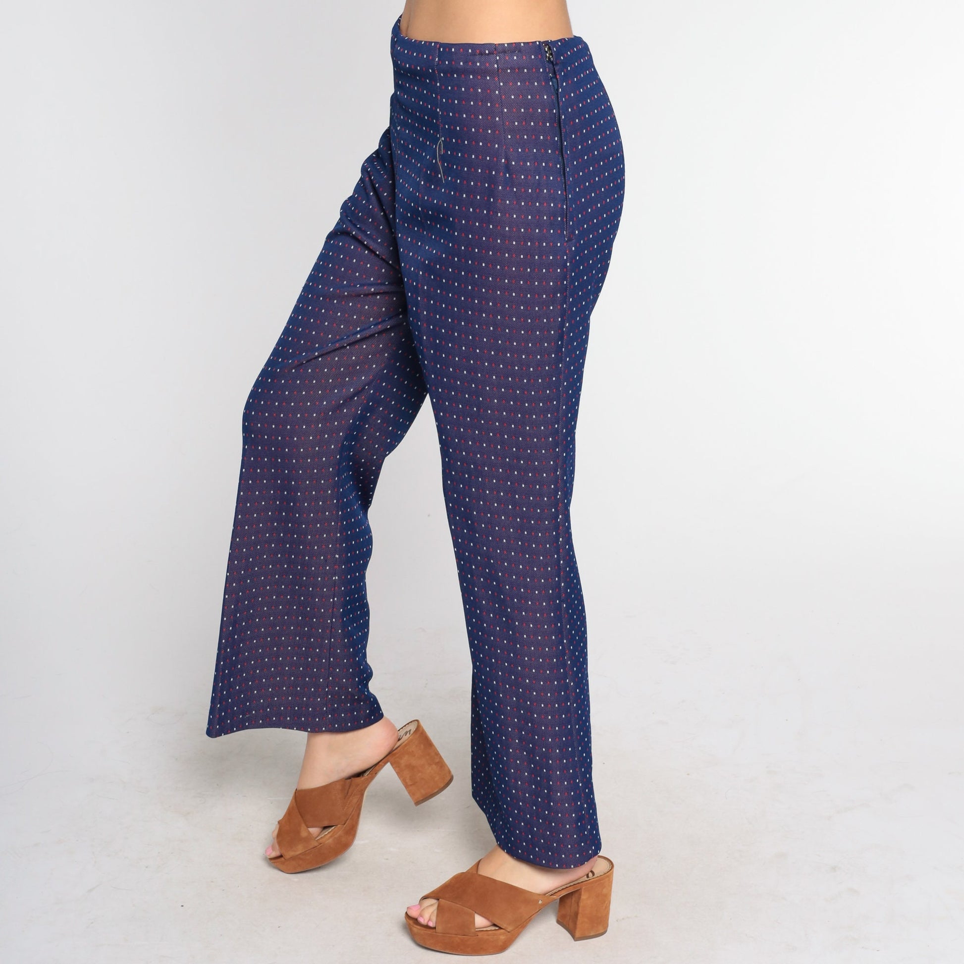 70s Navy Polka Dot Bell Bottom Pants High Waist Flared Trousers Medium Large