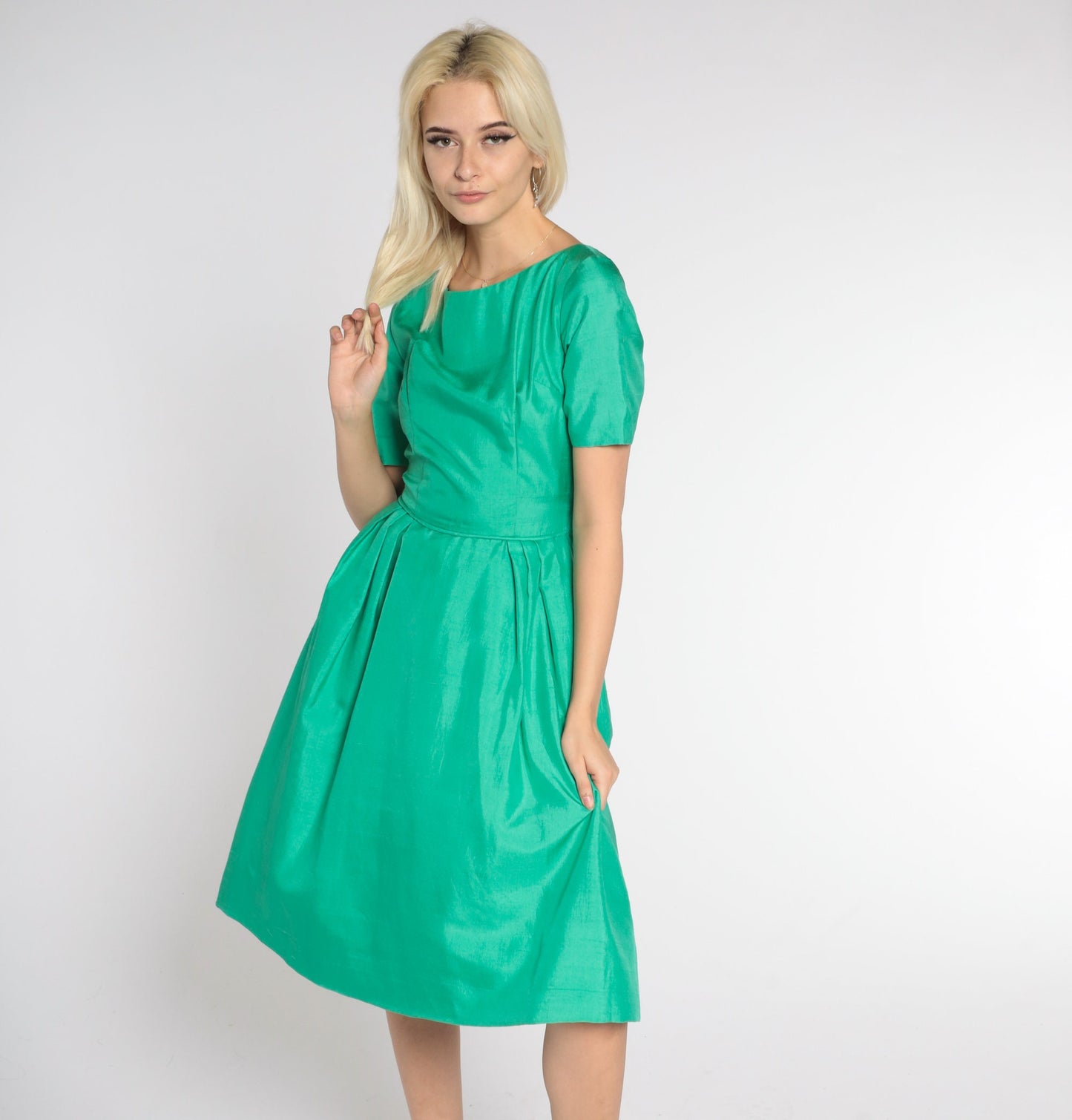 60s Green Knee-Length Dress High Waist A-Line Short Sleeve Extra Small