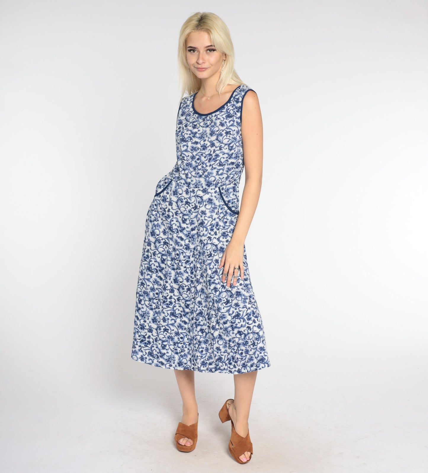 1960s Floral Midi Dress Blue White Rhinestone Beaded High Waist A-Line Medium